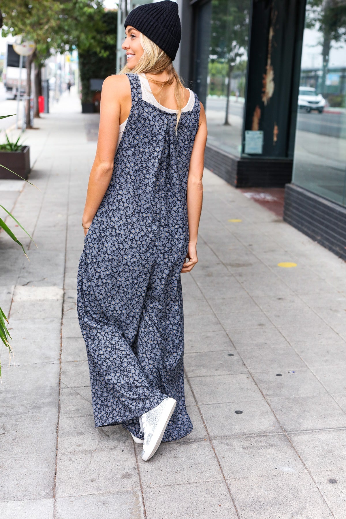 Charcoal Floral Baggy Overall Jumpsuit