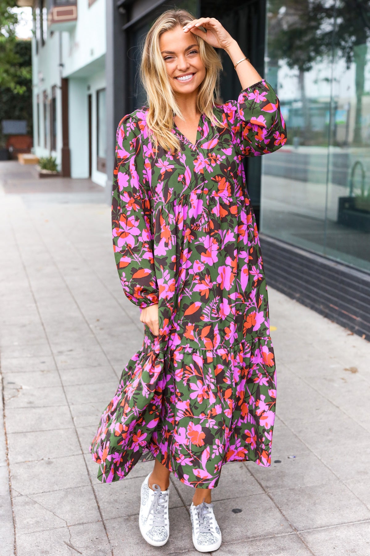 Forest Floral Notched Neck Tiered Maxi Dress