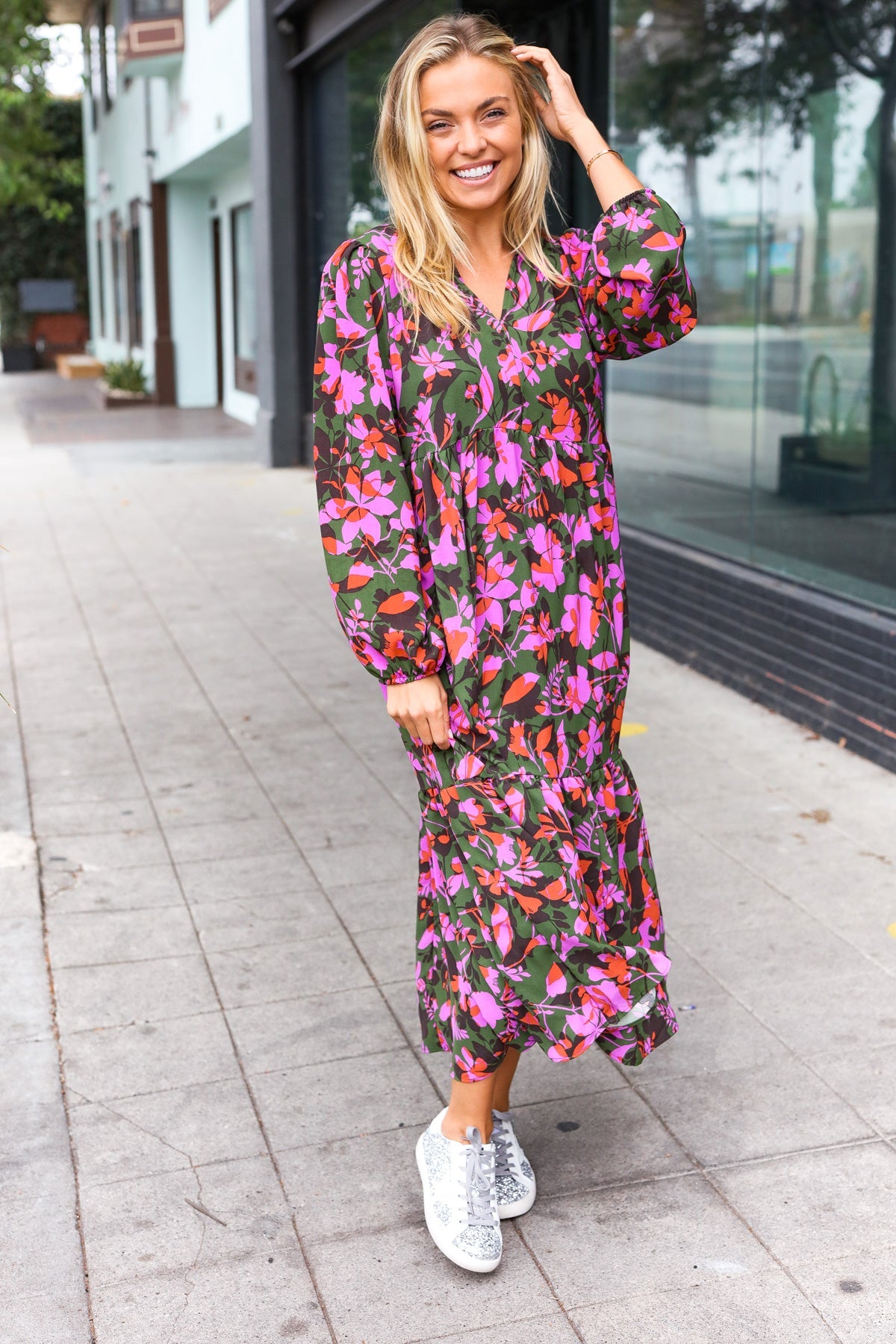 Forest Floral Notched Neck Tiered Maxi Dress