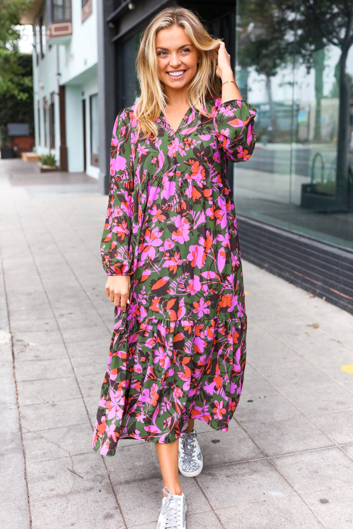 Forest Floral Notched Neck Tiered Maxi Dress