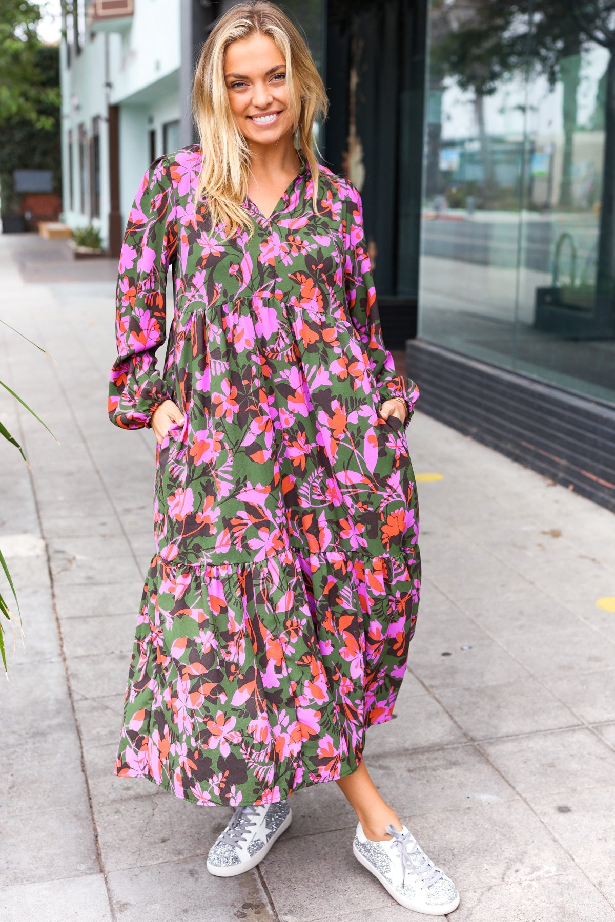 Forest Floral Notched Neck Tiered Maxi Dress