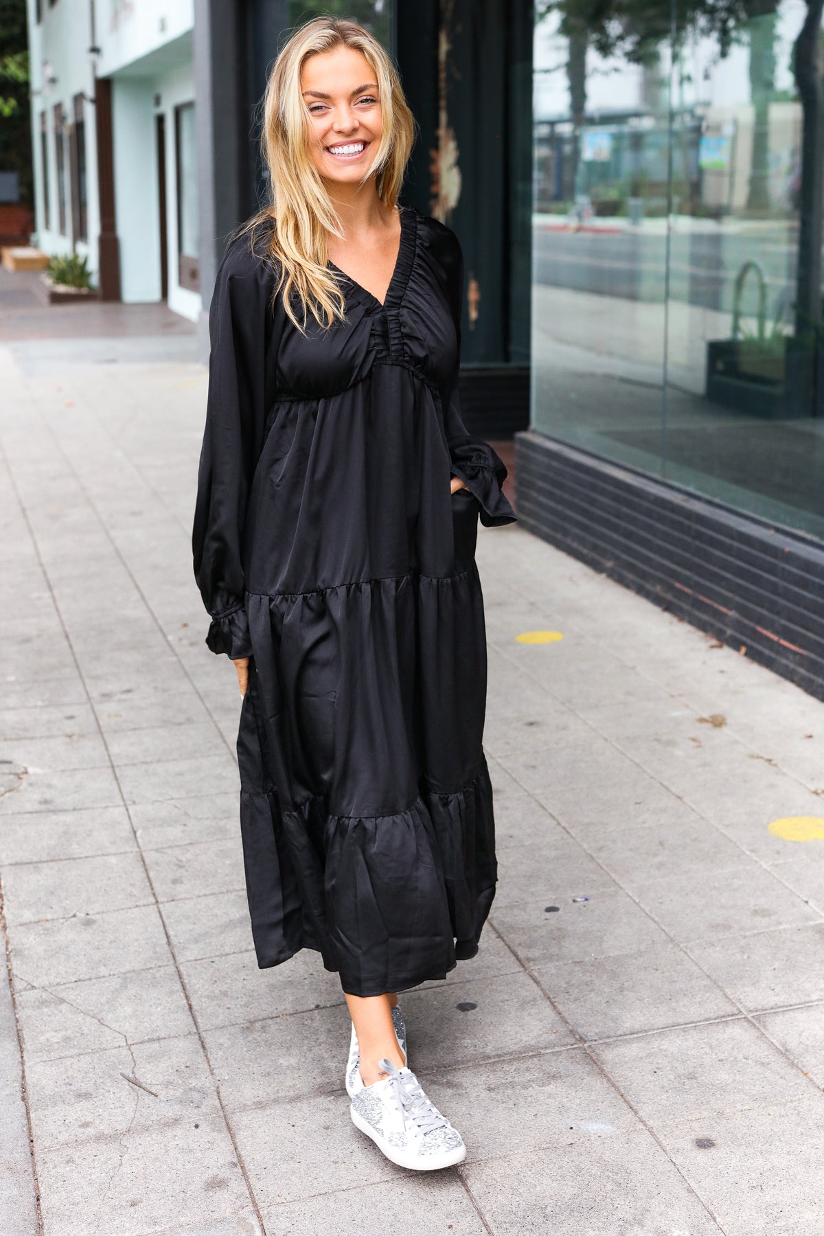 Black Elastic V Neck Tiered Satin Maxi Dress