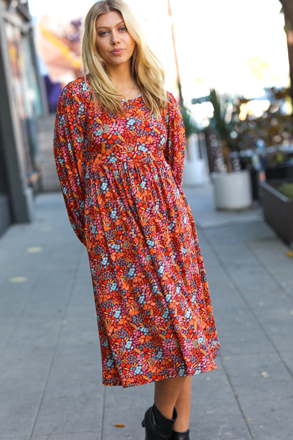 Rust Ditsy Floral Fit & Flare Midi Dress