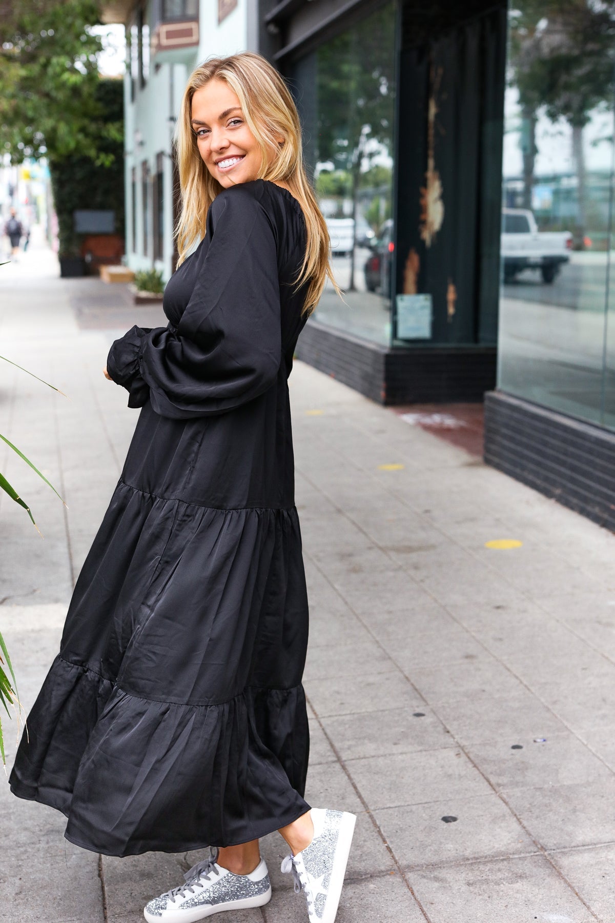 Black Elastic V Neck Tiered Satin Maxi Dress