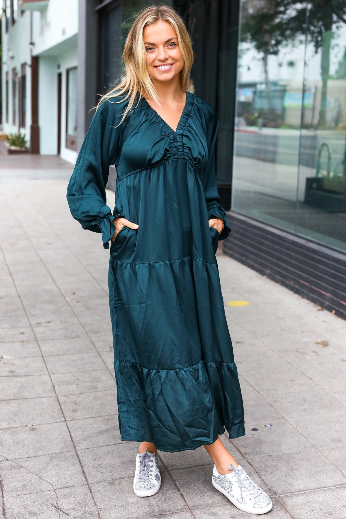 Hunter Green Elastic V Neck Tiered Satin Maxi Dress