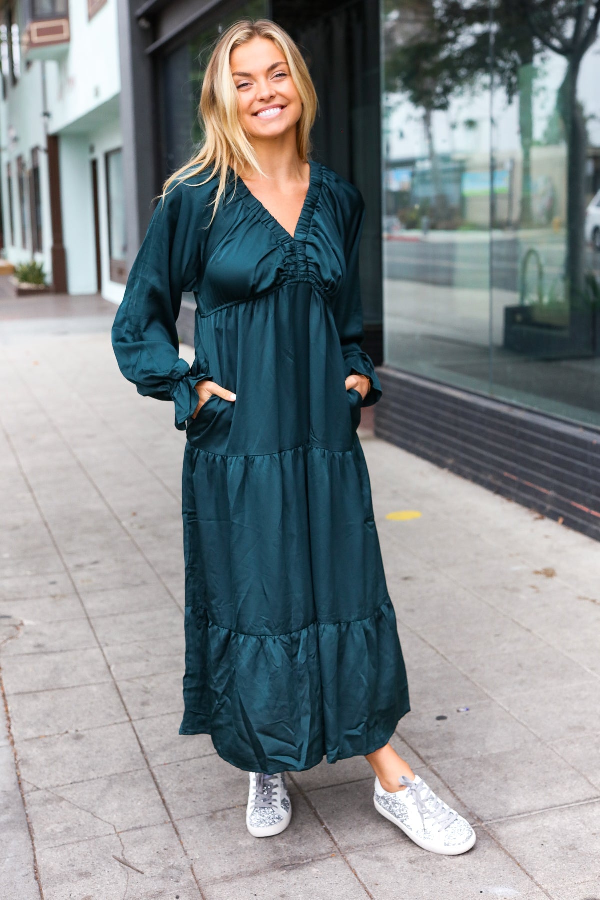 Hunter Green Elastic V Neck Tiered Satin Maxi Dress