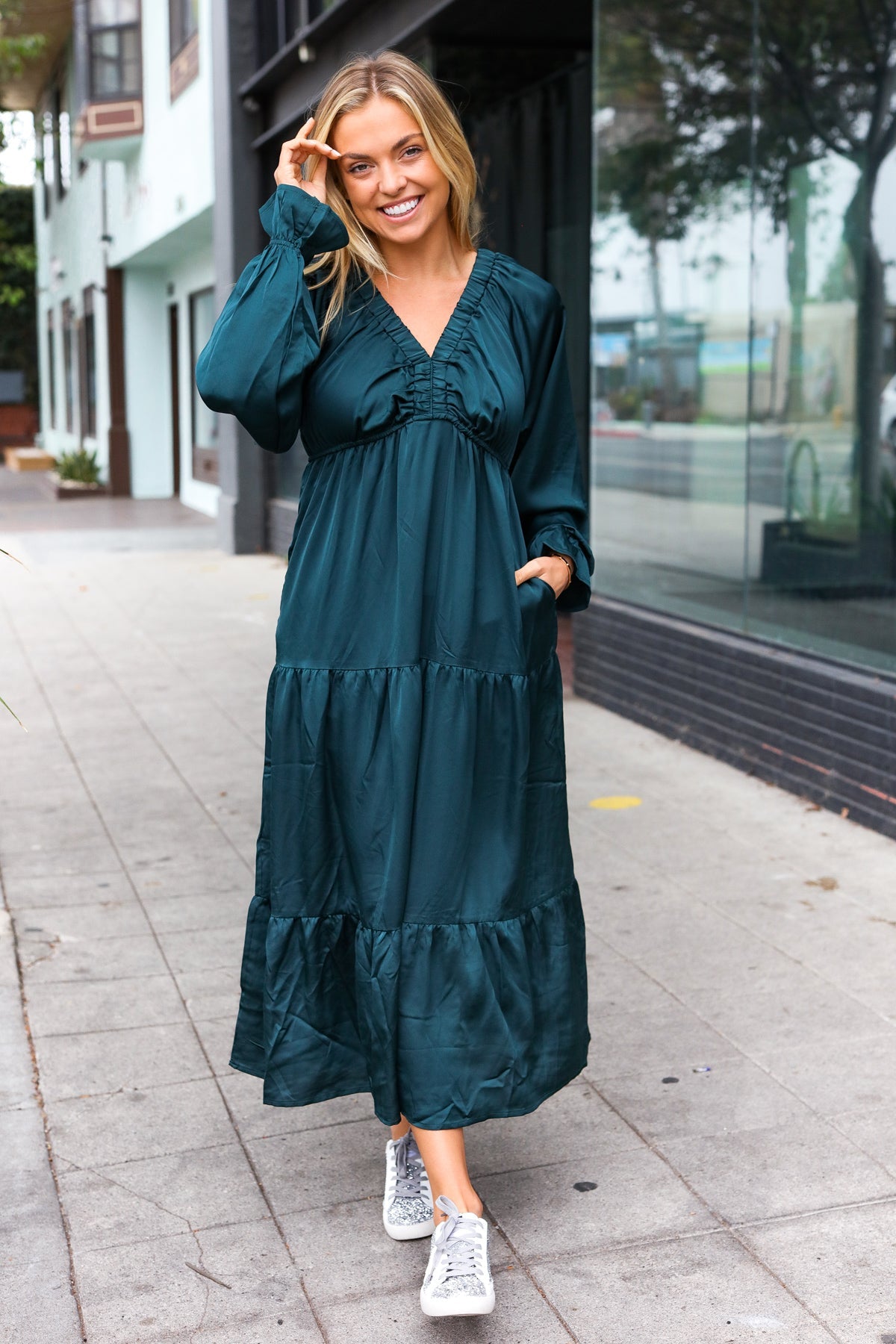 Hunter Green Elastic V Neck Tiered Satin Maxi Dress