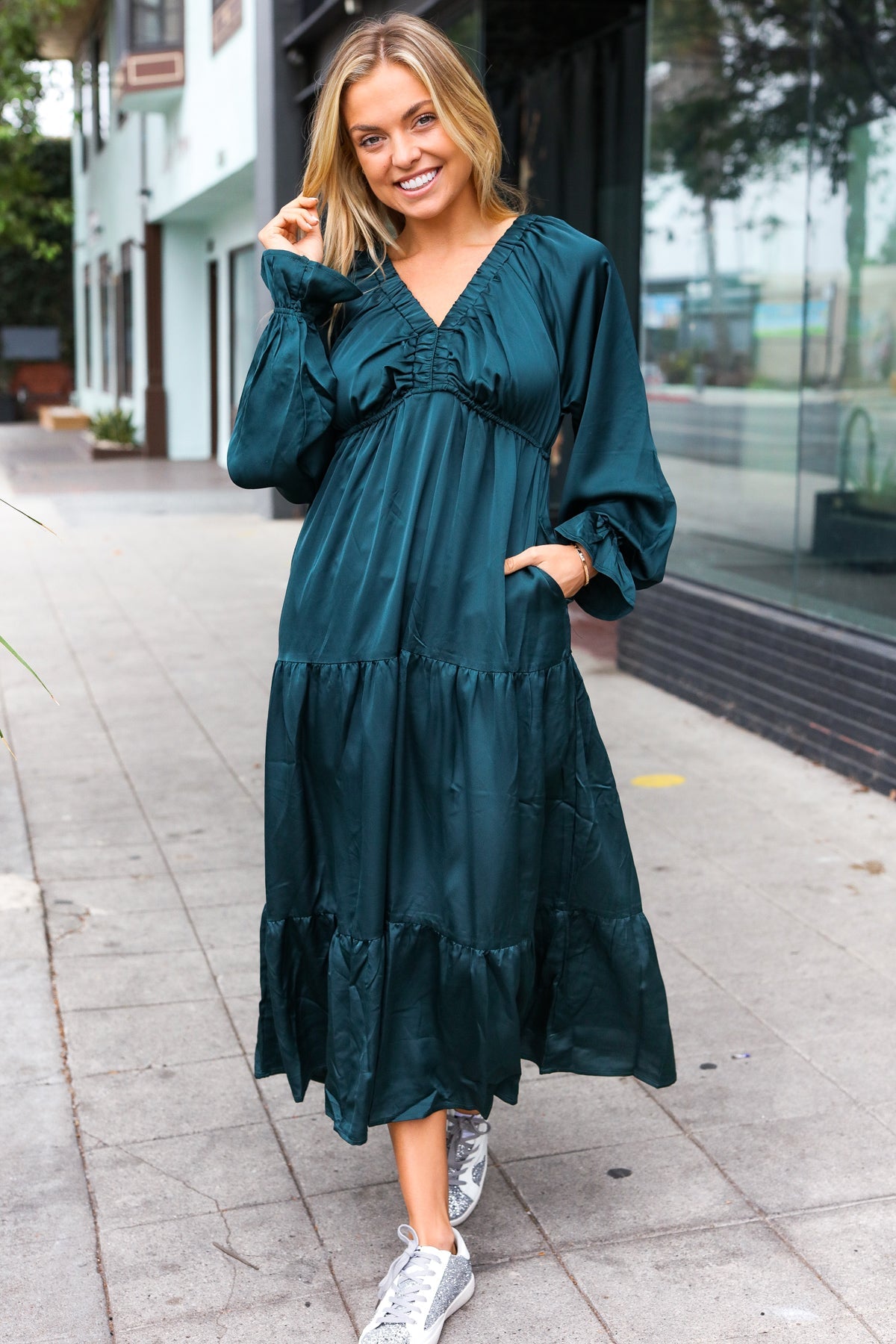 Hunter Green Elastic V Neck Tiered Satin Maxi Dress