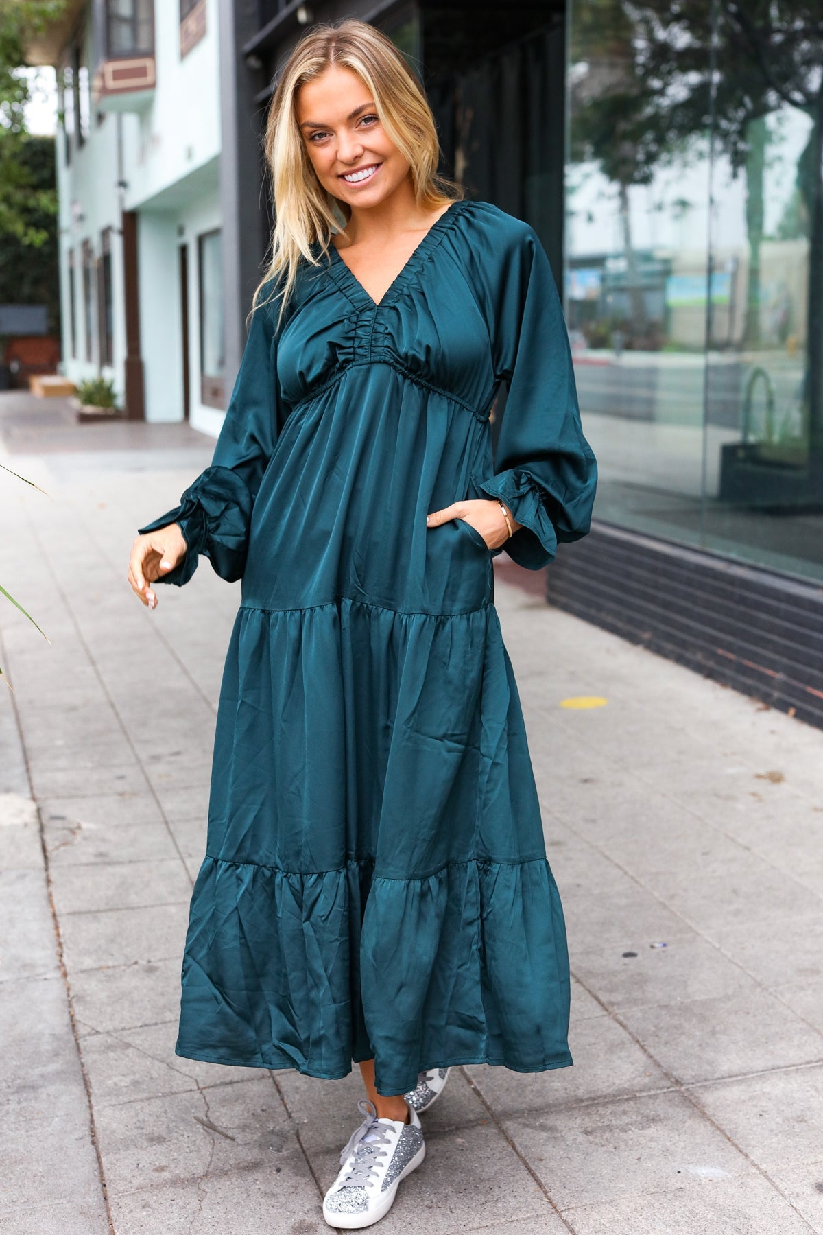 Hunter Green Elastic V Neck Tiered Satin Maxi Dress