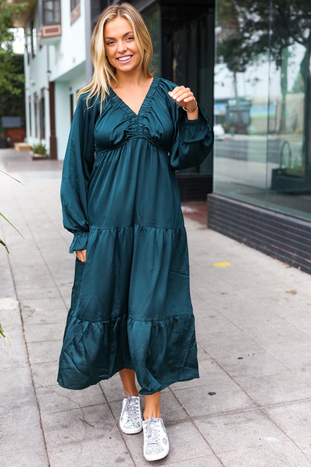 Hunter Green Elastic V Neck Tiered Satin Maxi Dress