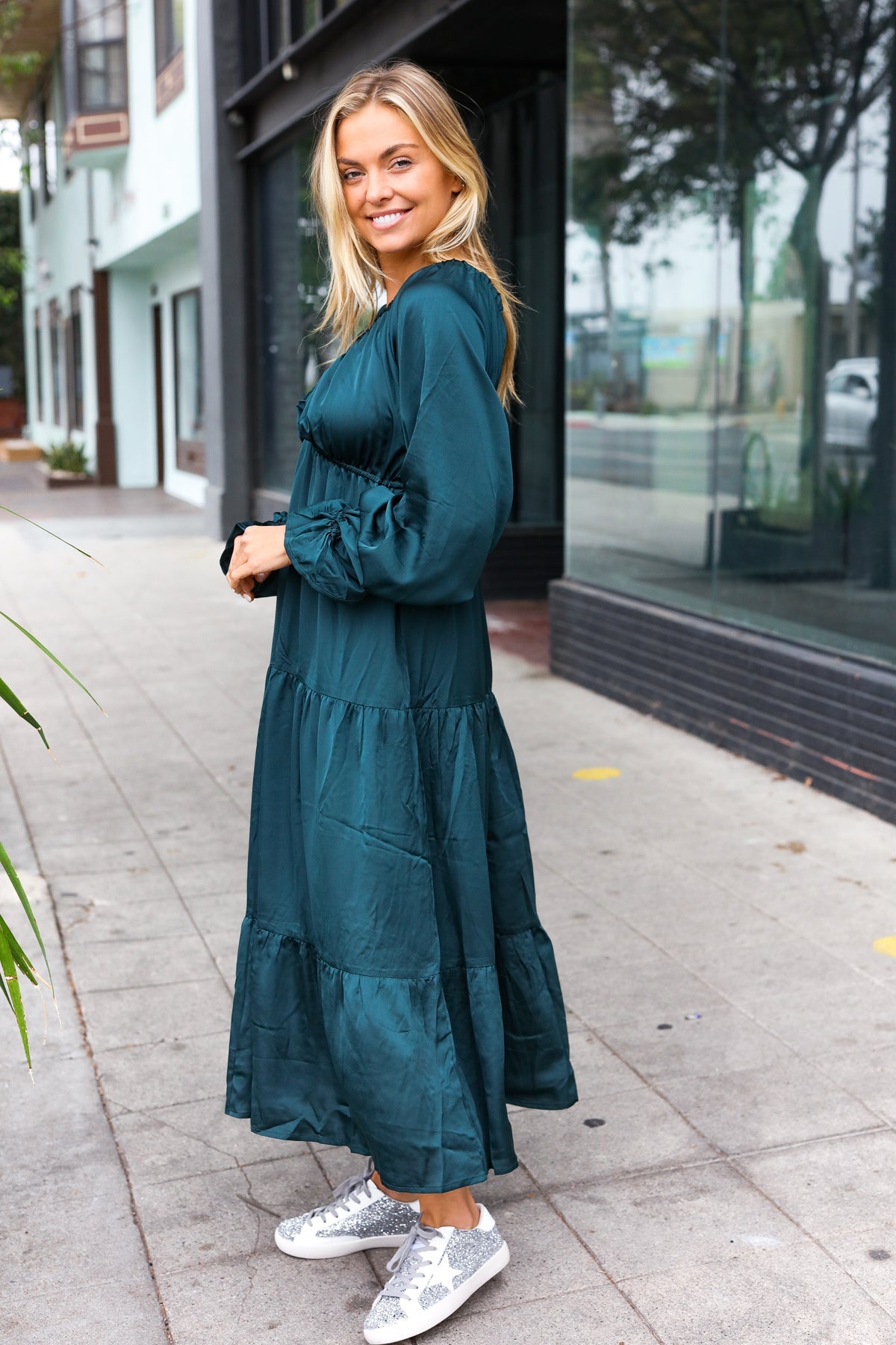 Hunter Green Elastic V Neck Tiered Satin Maxi Dress