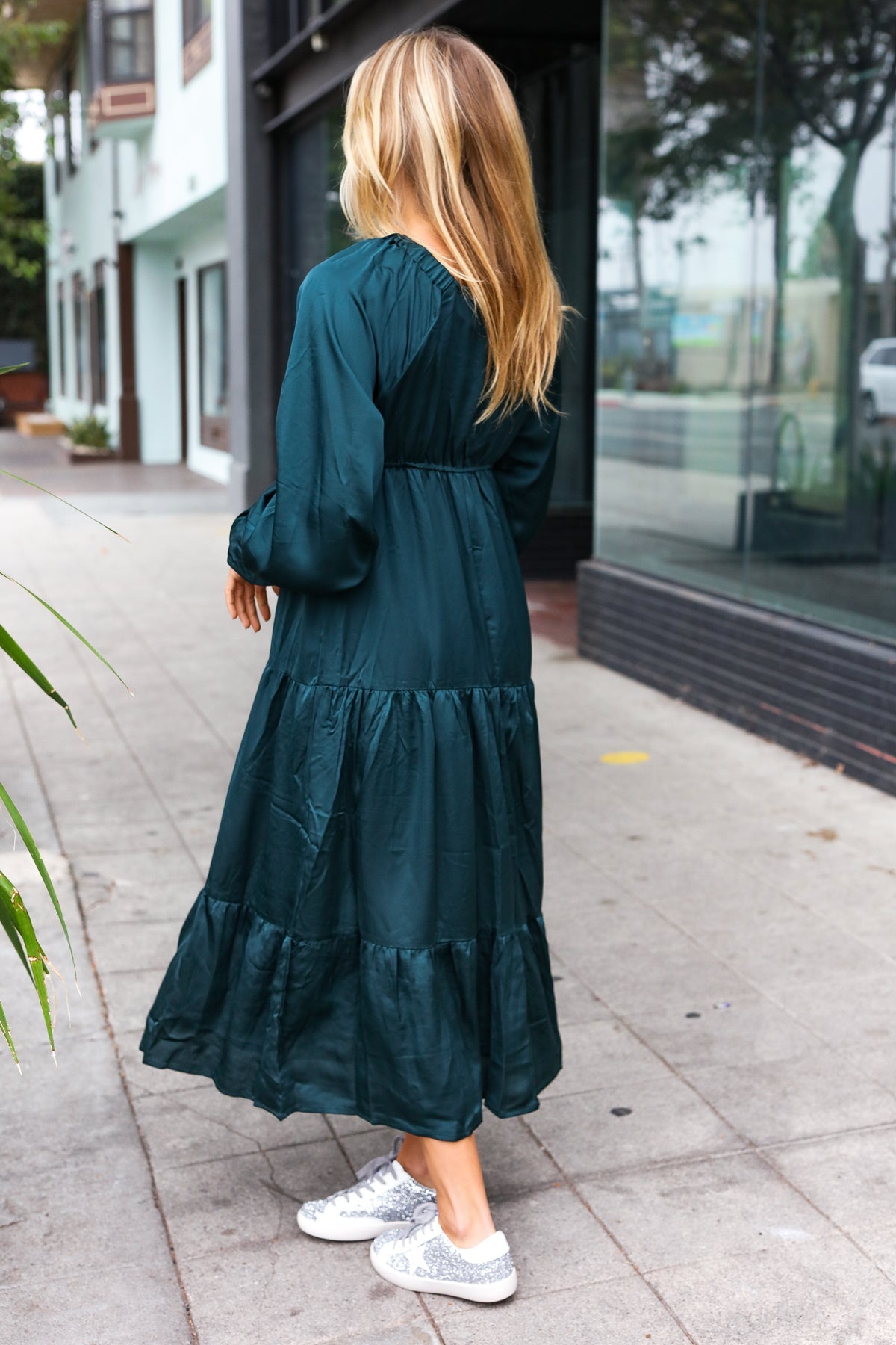 Hunter Green Elastic V Neck Tiered Satin Maxi Dress