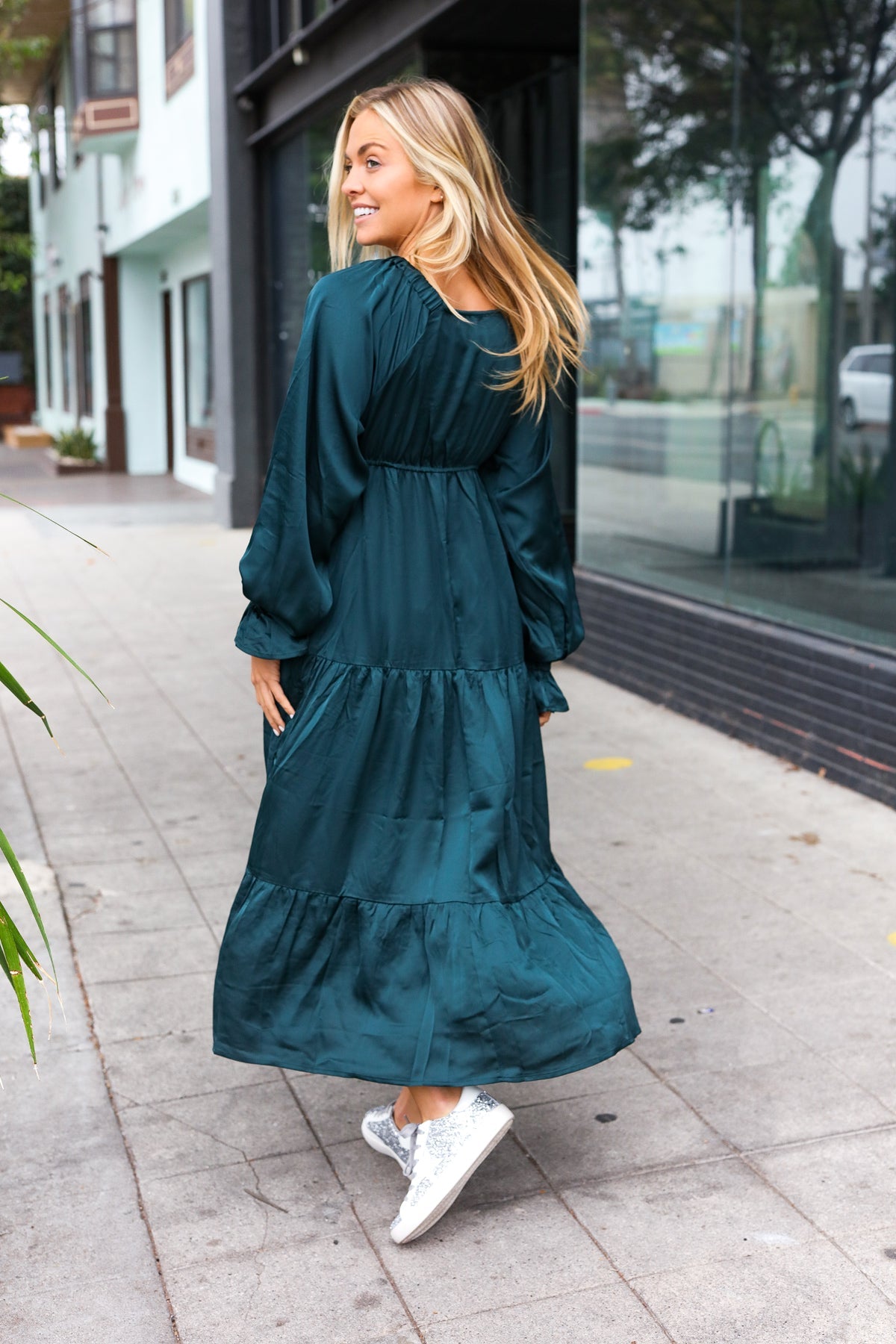 Hunter Green Elastic V Neck Tiered Satin Maxi Dress