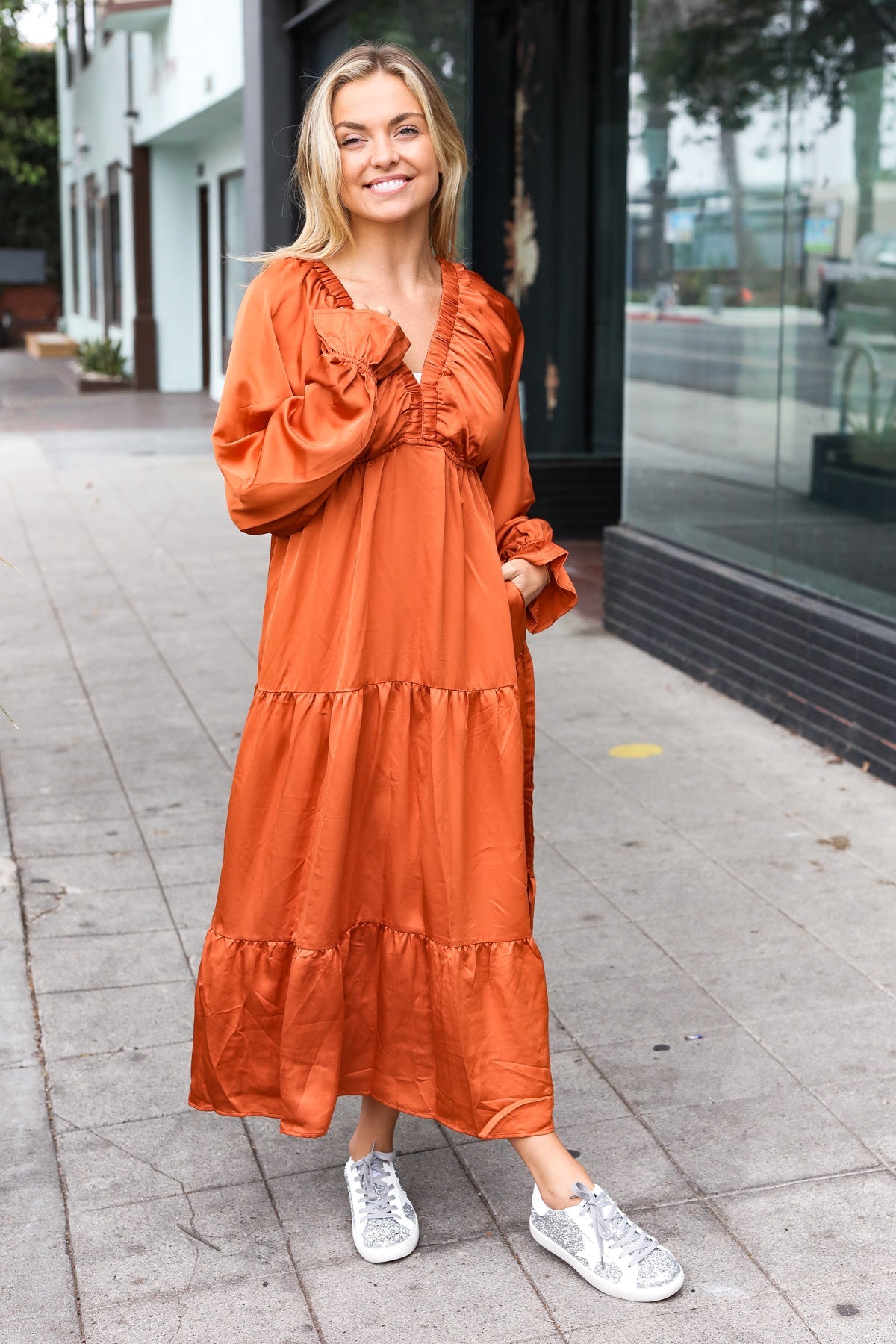 Rust Elastic V Neck Tiered Satin Maxi Dress