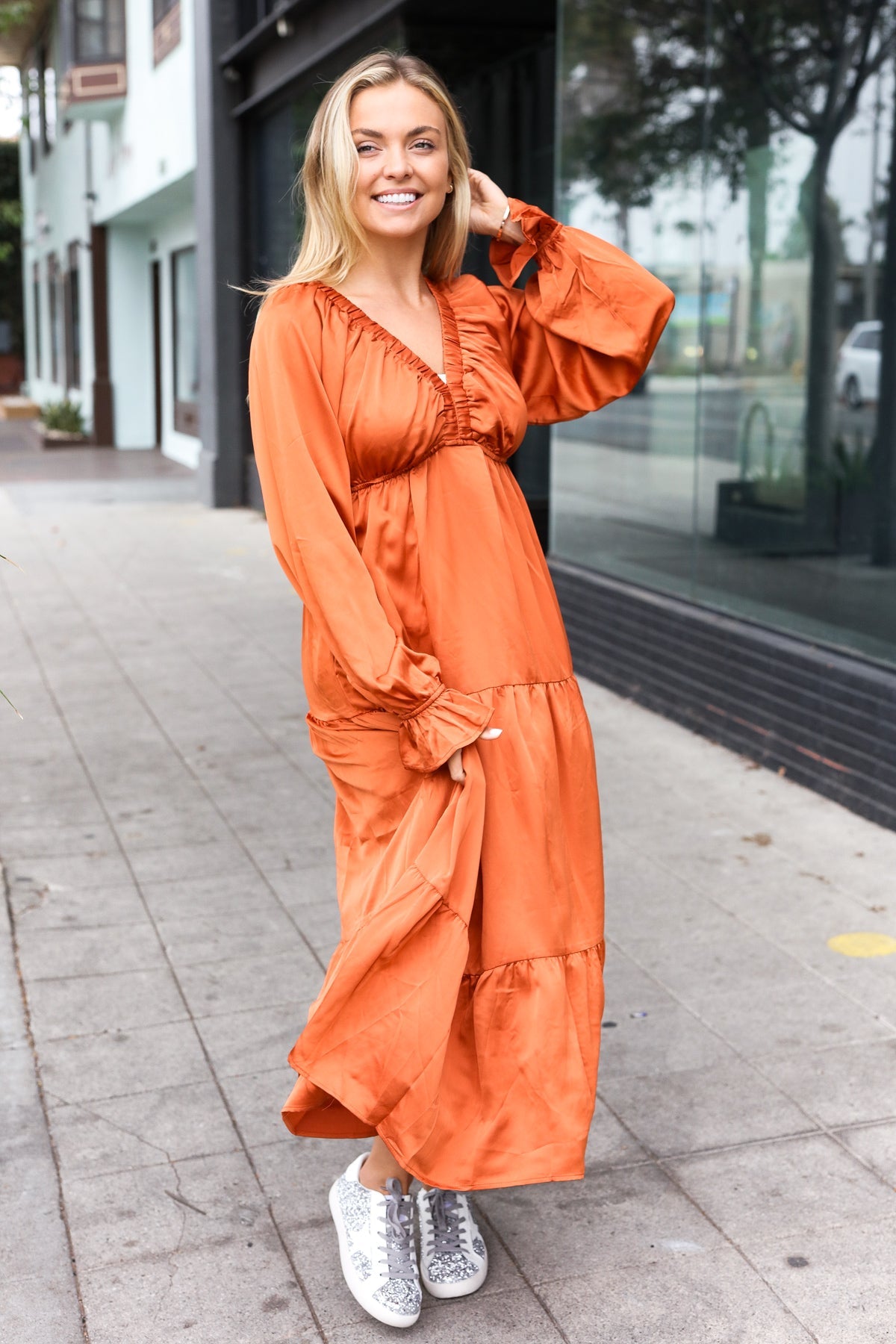 Rust Elastic V Neck Tiered Satin Maxi Dress