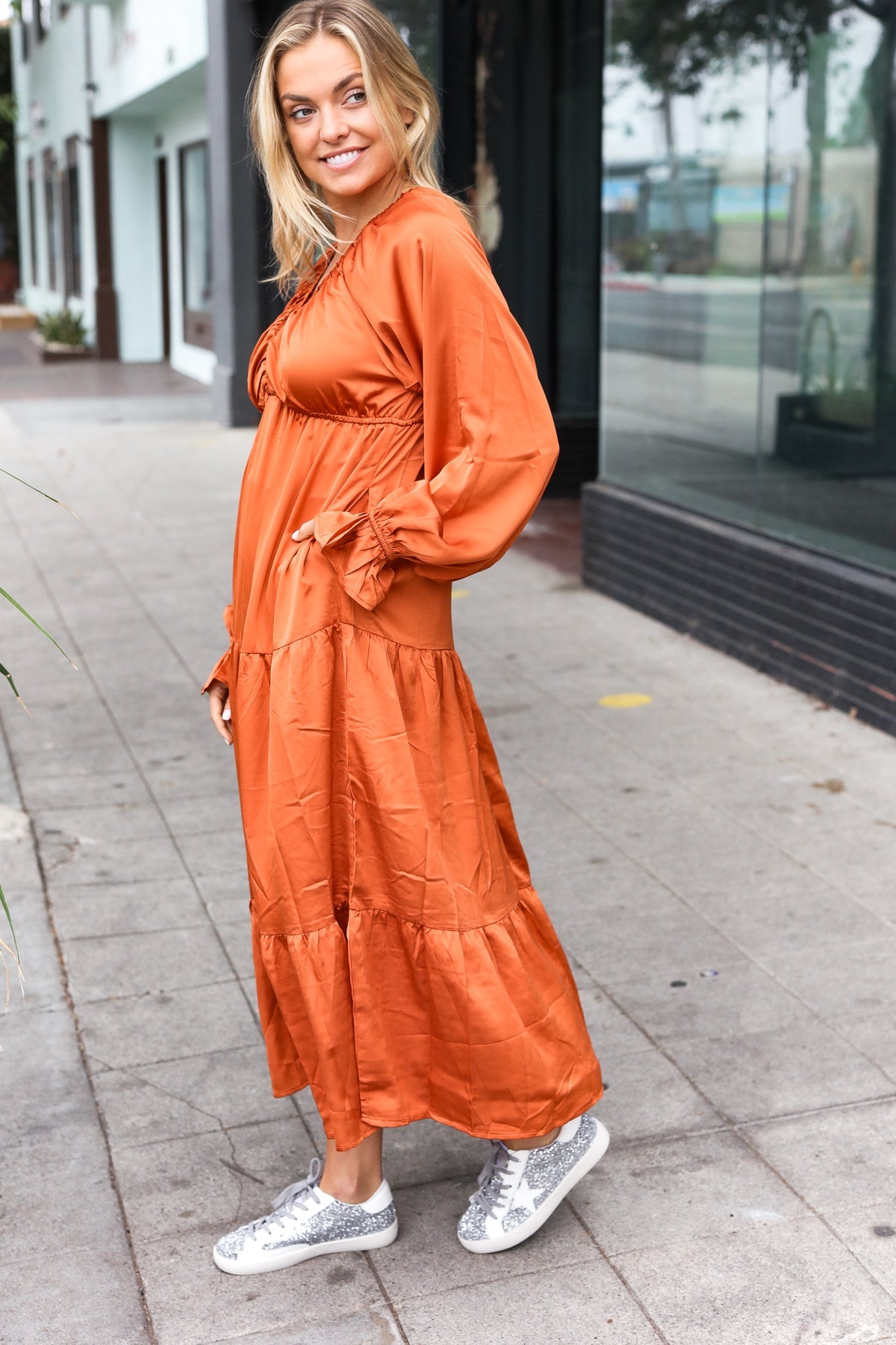 Rust Elastic V Neck Tiered Satin Maxi Dress