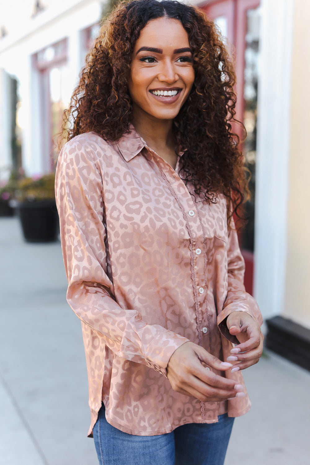 Rose Gold Satin Animal Print Lace Detail Shirt