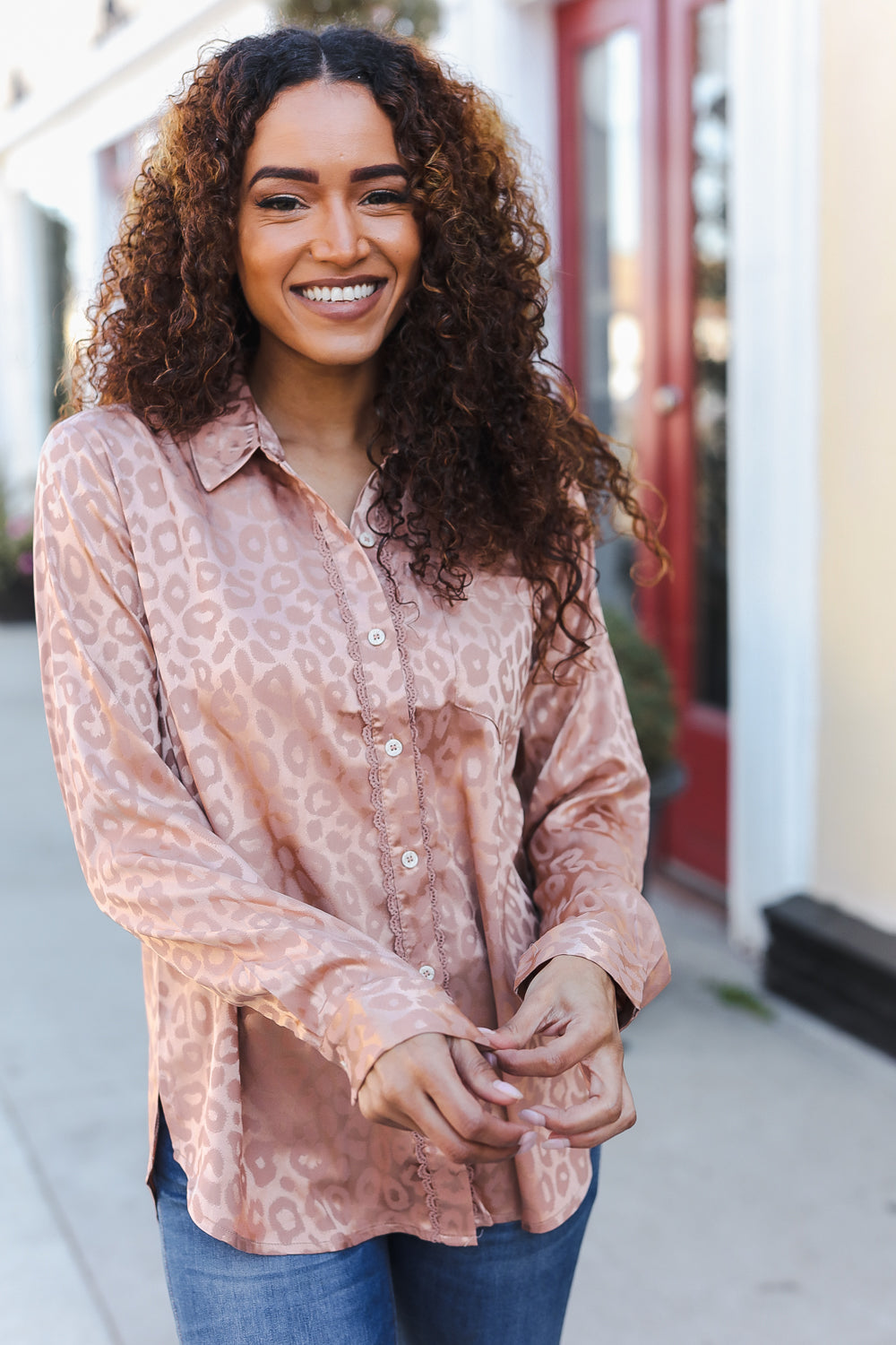 Rose Gold Satin Animal Print Lace Detail Shirt