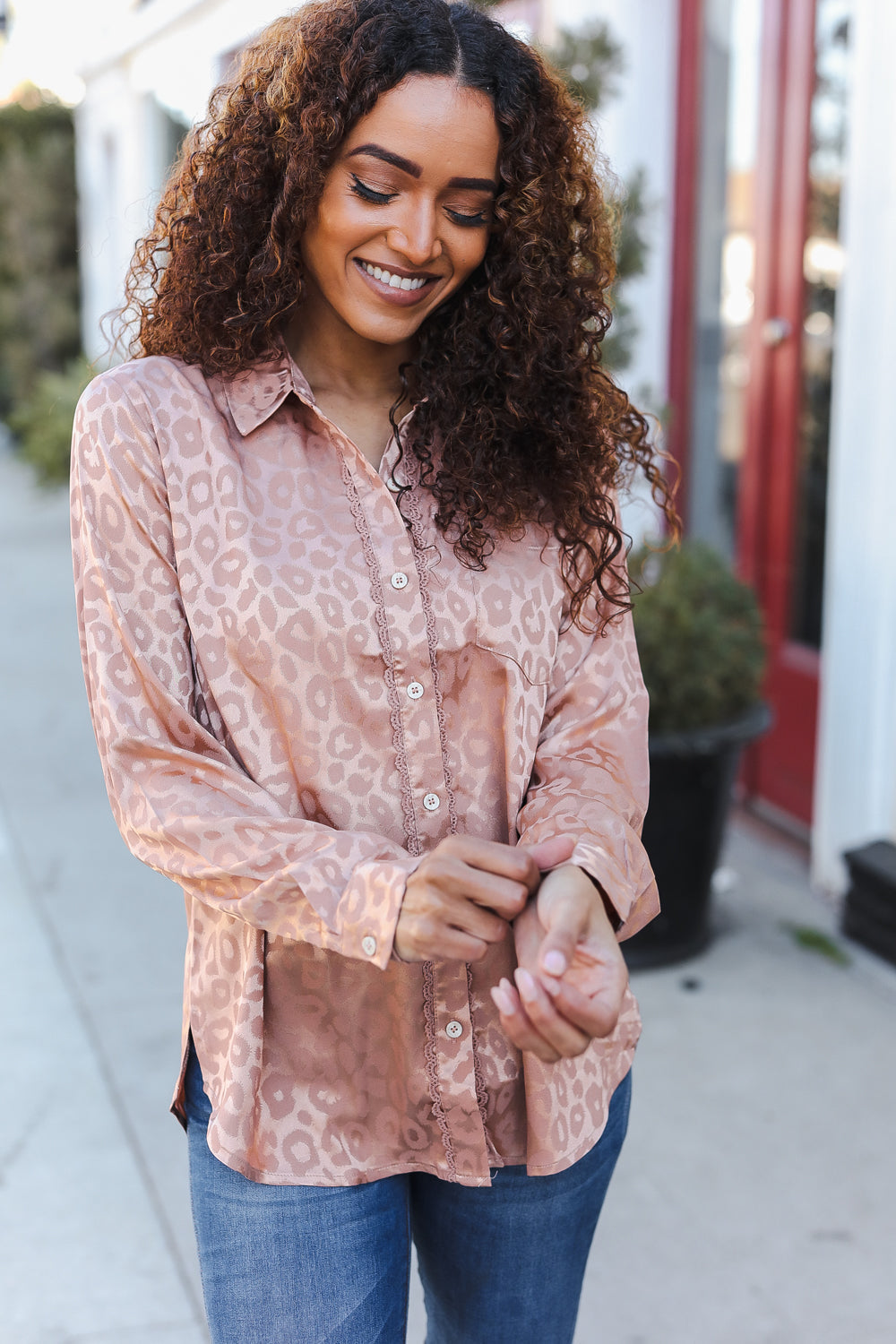 Rose Gold Satin Animal Print Lace Detail Shirt