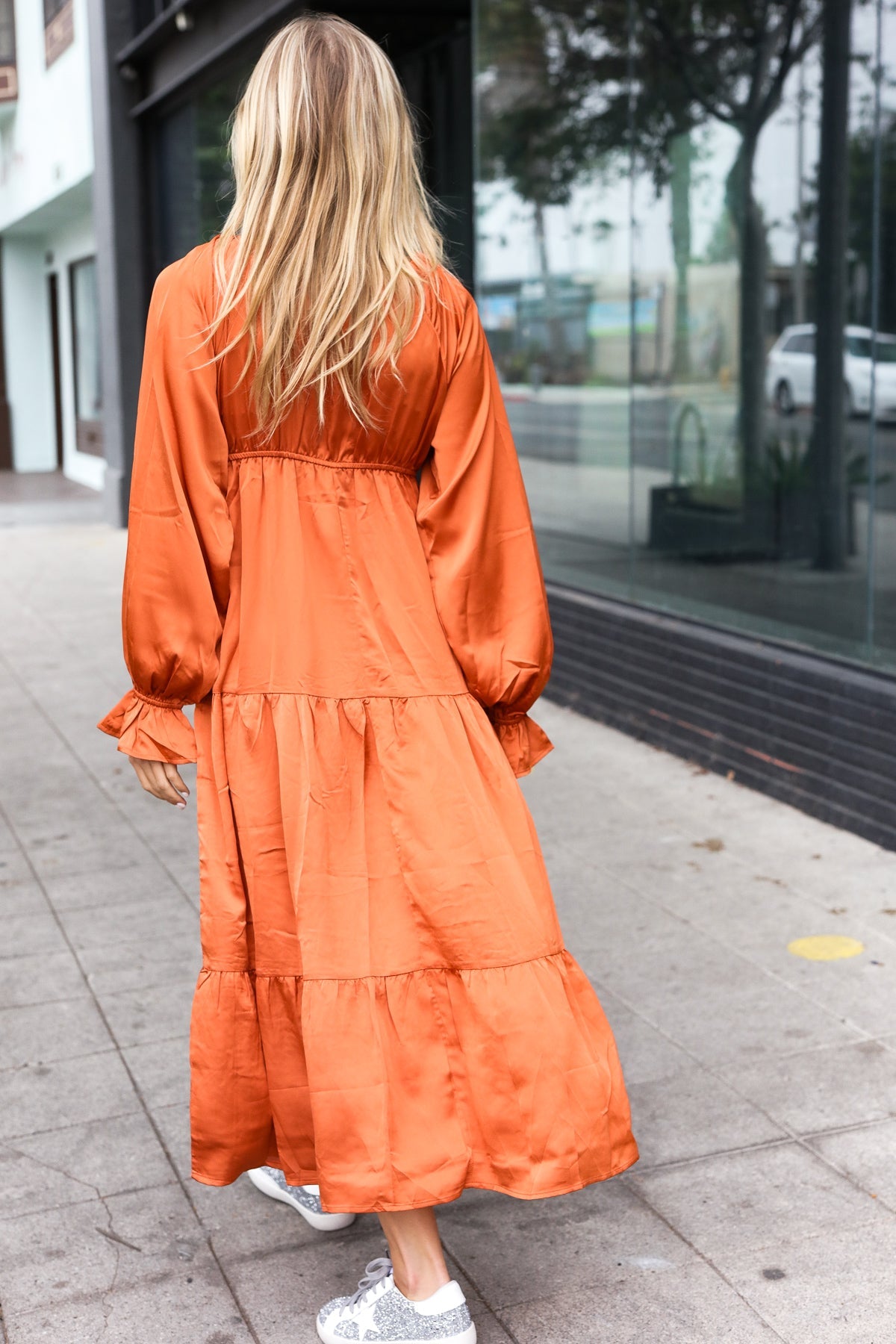 Rust Elastic V Neck Tiered Satin Maxi Dress