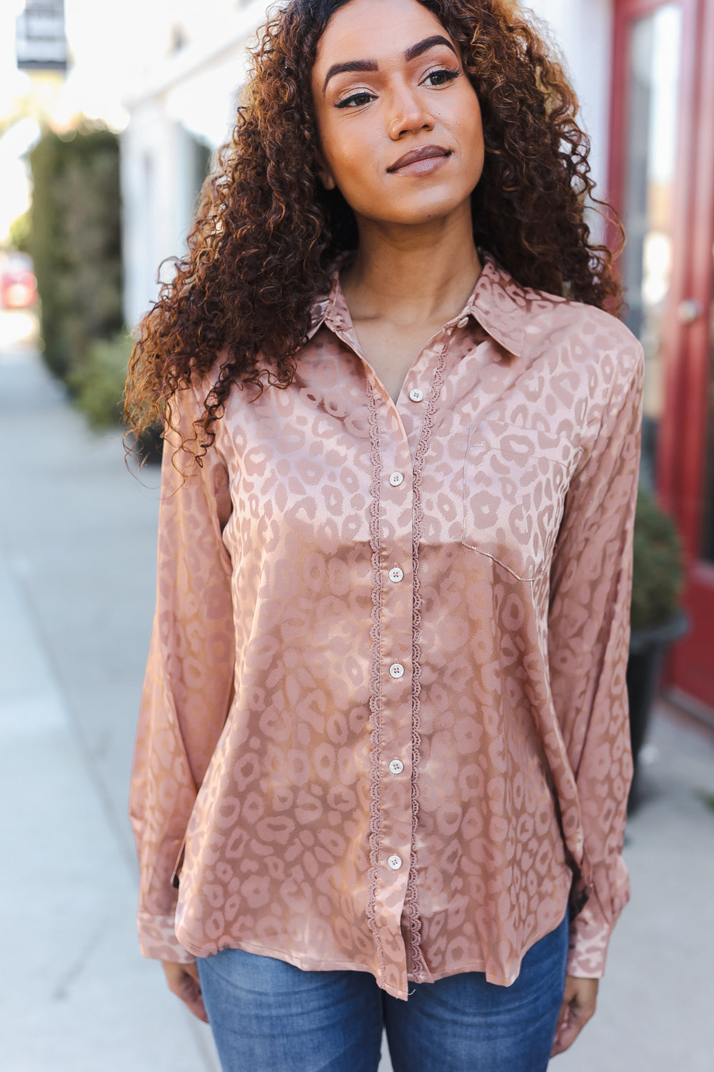 Rose Gold Satin Animal Print Lace Detail Shirt