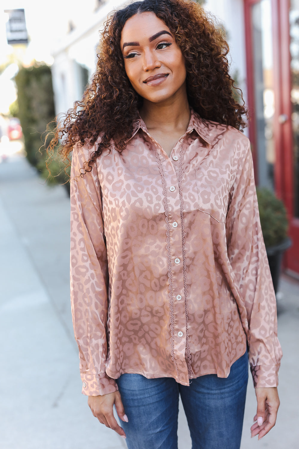 Rose Gold Satin Animal Print Lace Detail Shirt