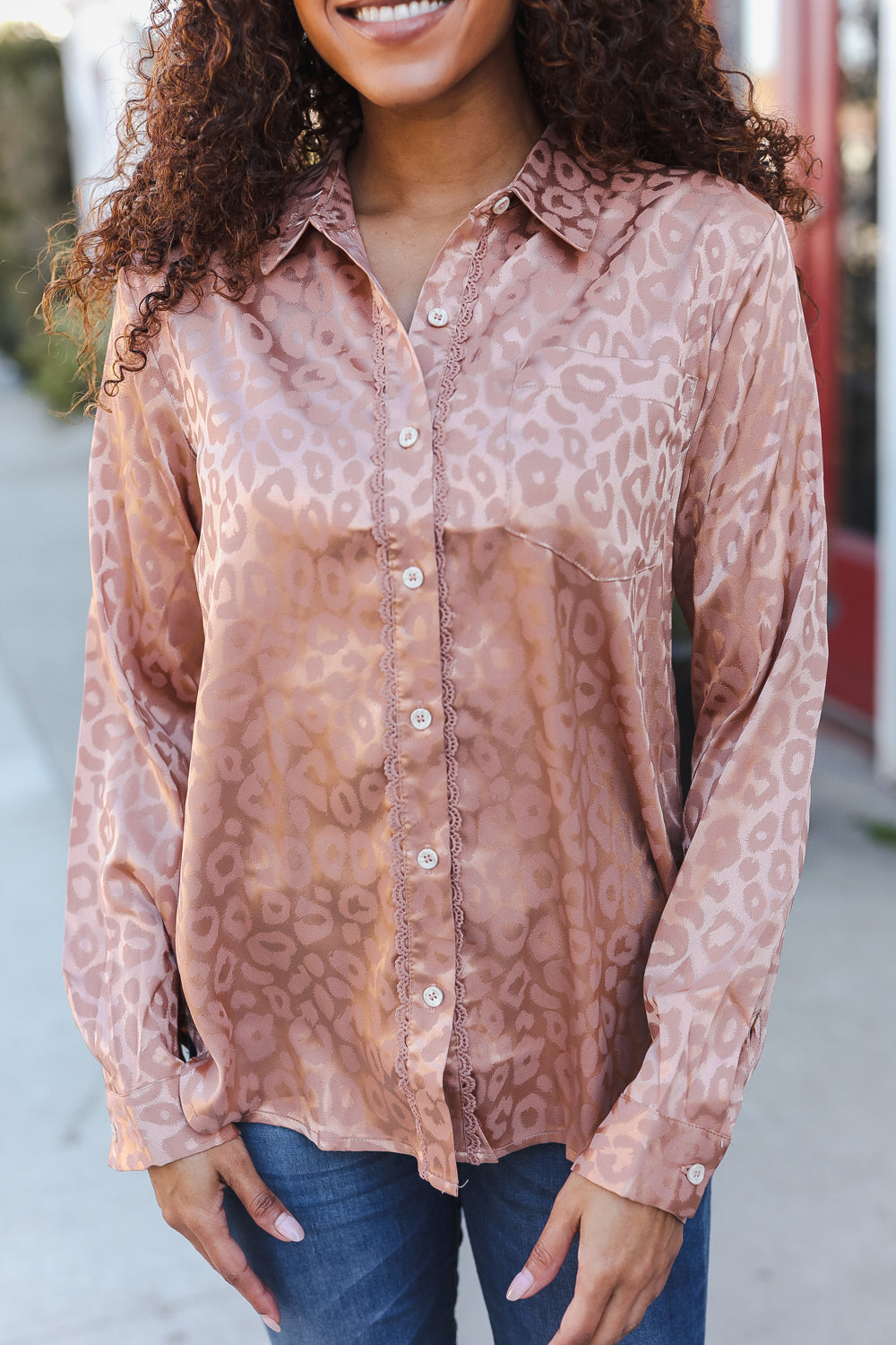 Rose Gold Satin Animal Print Lace Detail Shirt