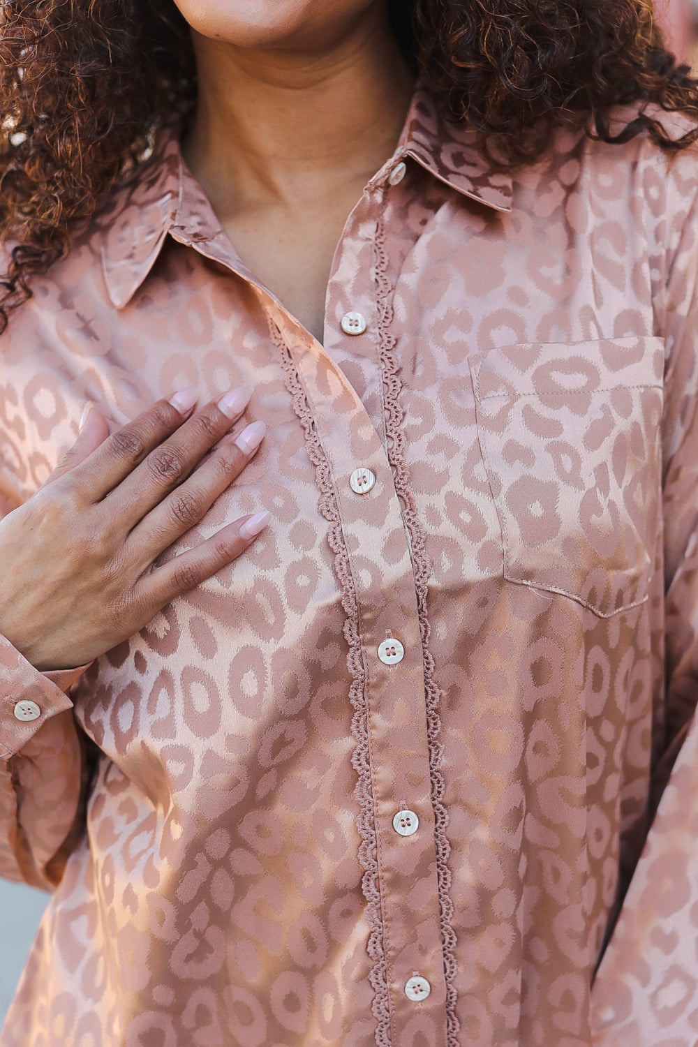 Rose Gold Satin Animal Print Lace Detail Shirt