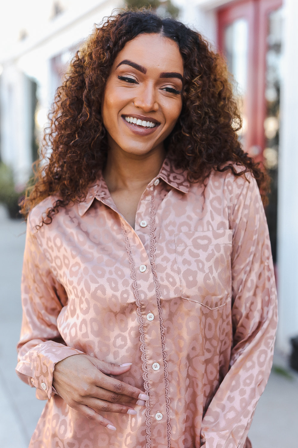 Rose Gold Satin Animal Print Lace Detail Shirt