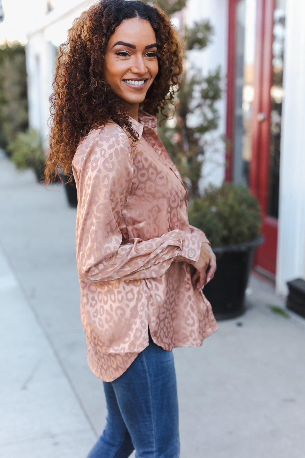 Rose Gold Satin Animal Print Lace Detail Shirt