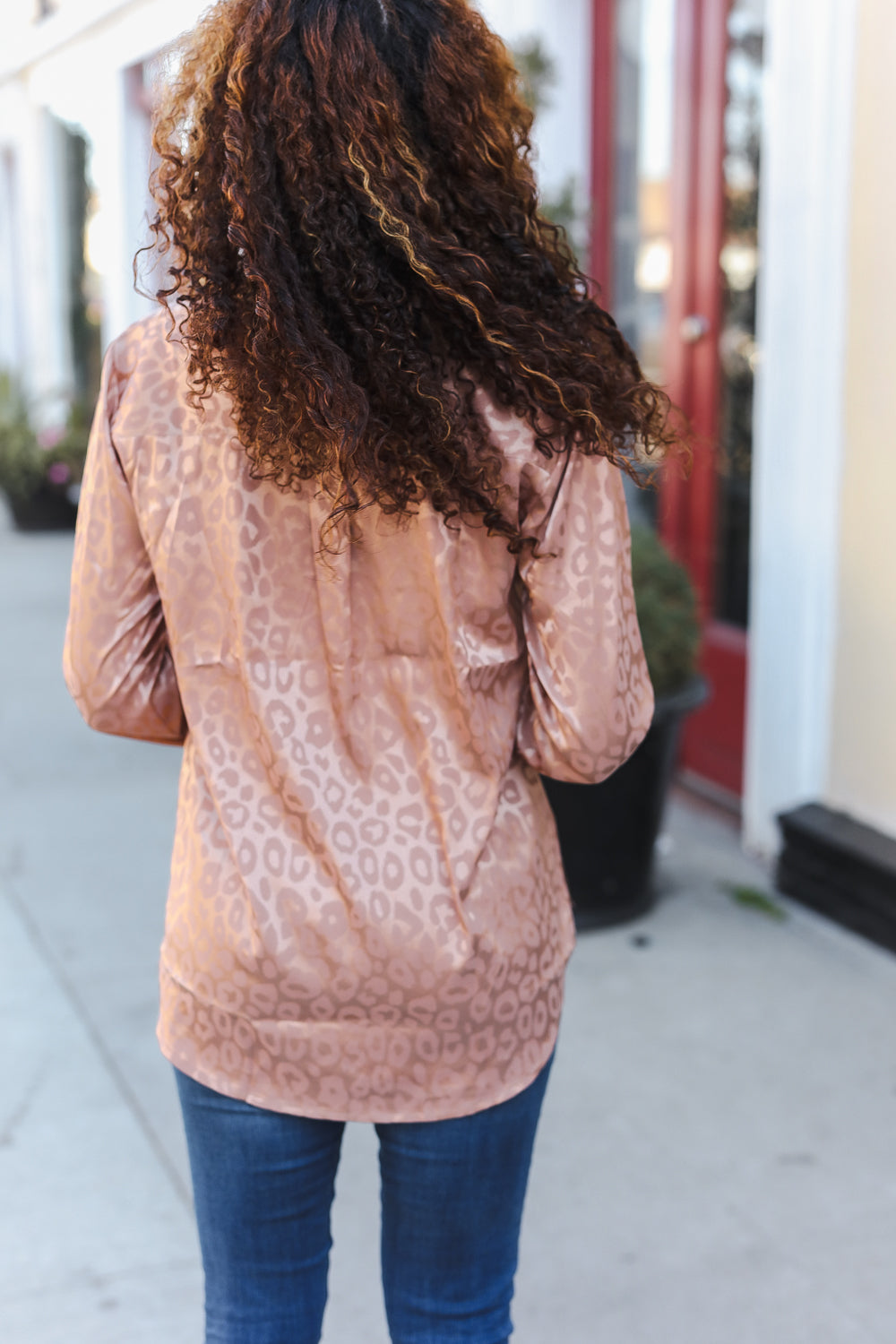 Rose Gold Satin Animal Print Lace Detail Shirt