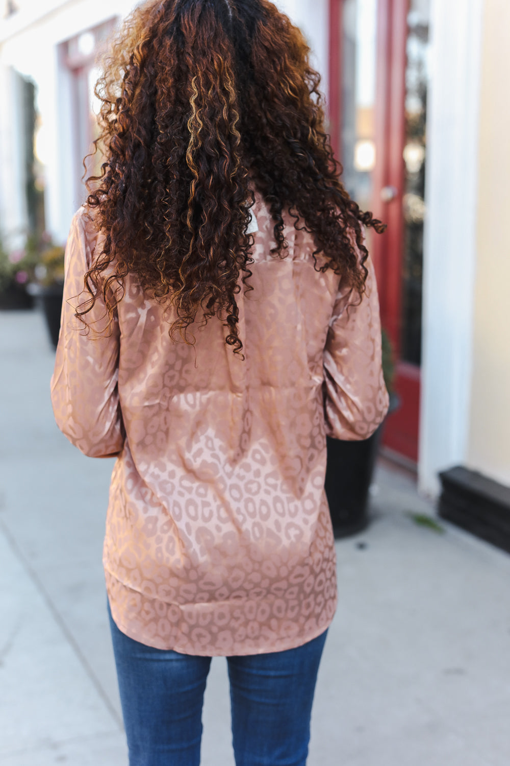 Rose Gold Satin Animal Print Lace Detail Shirt