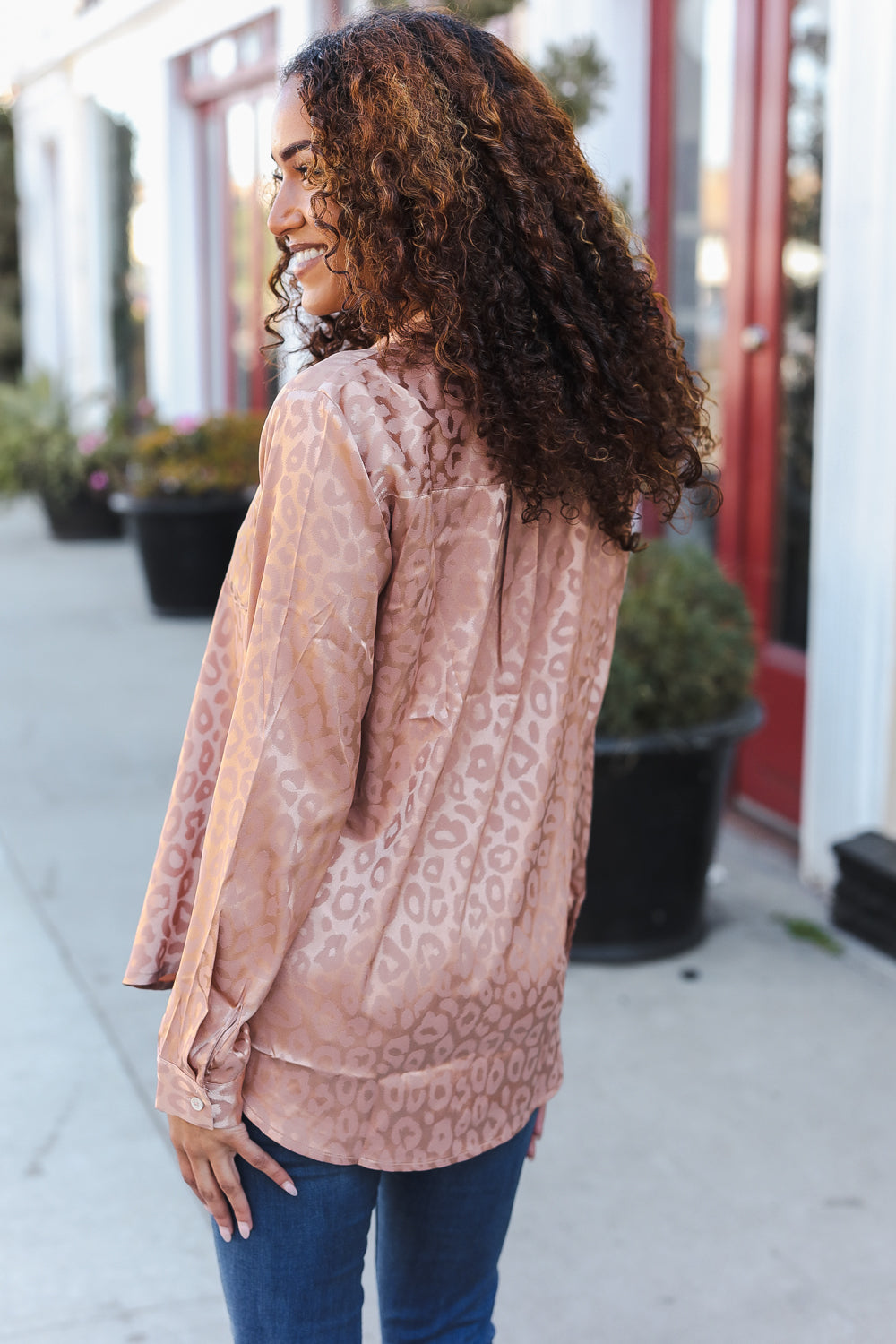 Rose Gold Satin Animal Print Lace Detail Shirt