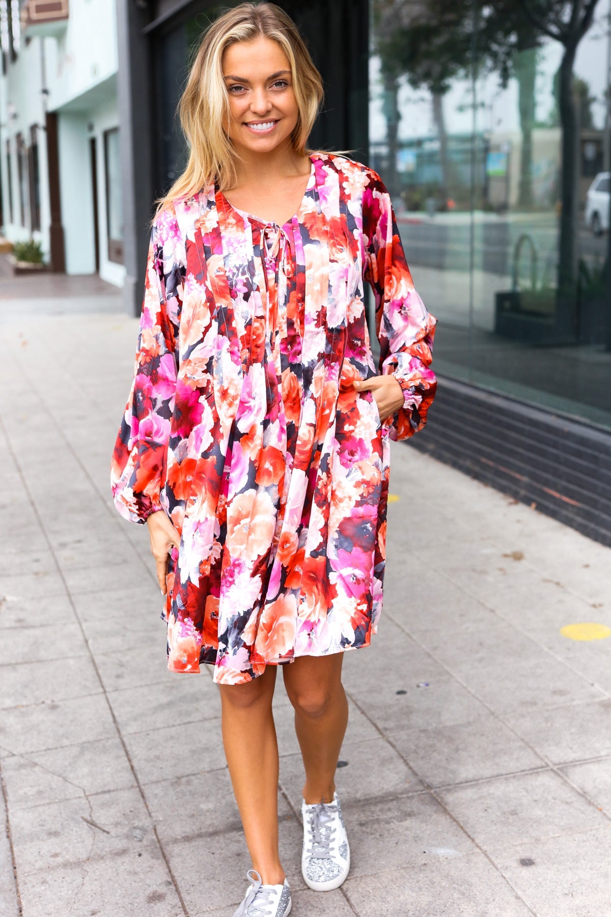 Coral Floral Tie Neck Pintuck Satin Dress