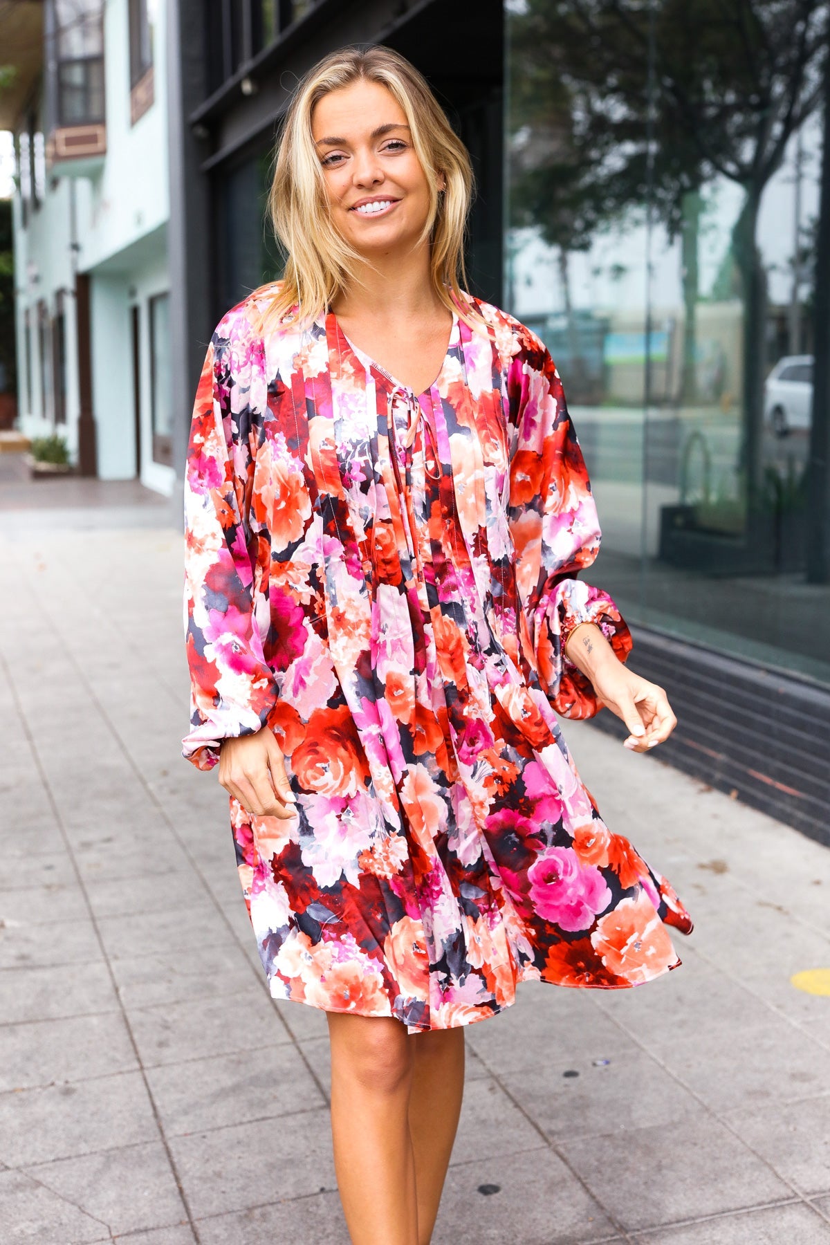 Coral Floral Tie Neck Pintuck Satin Dress