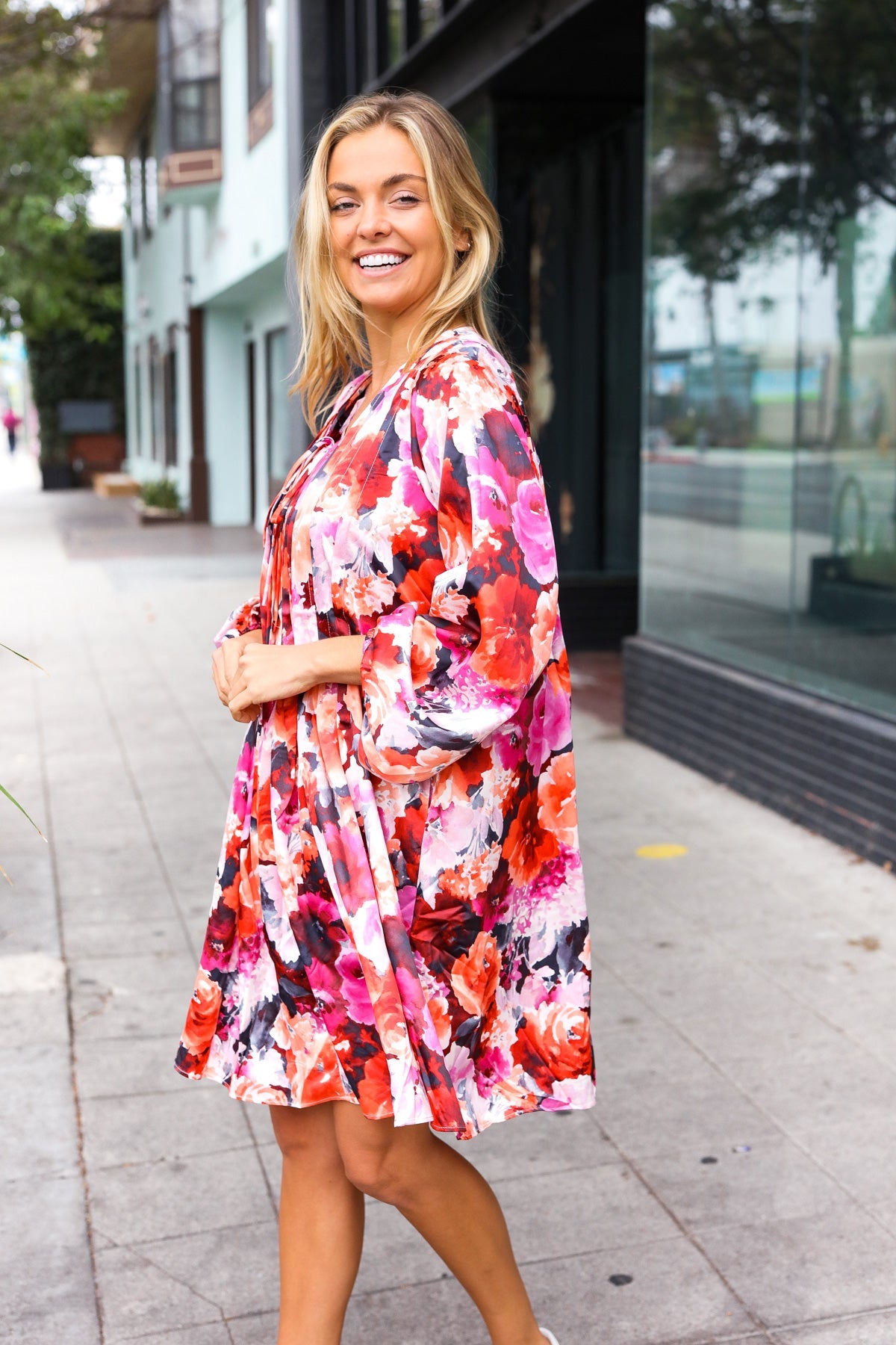 Coral Floral Tie Neck Pintuck Satin Dress