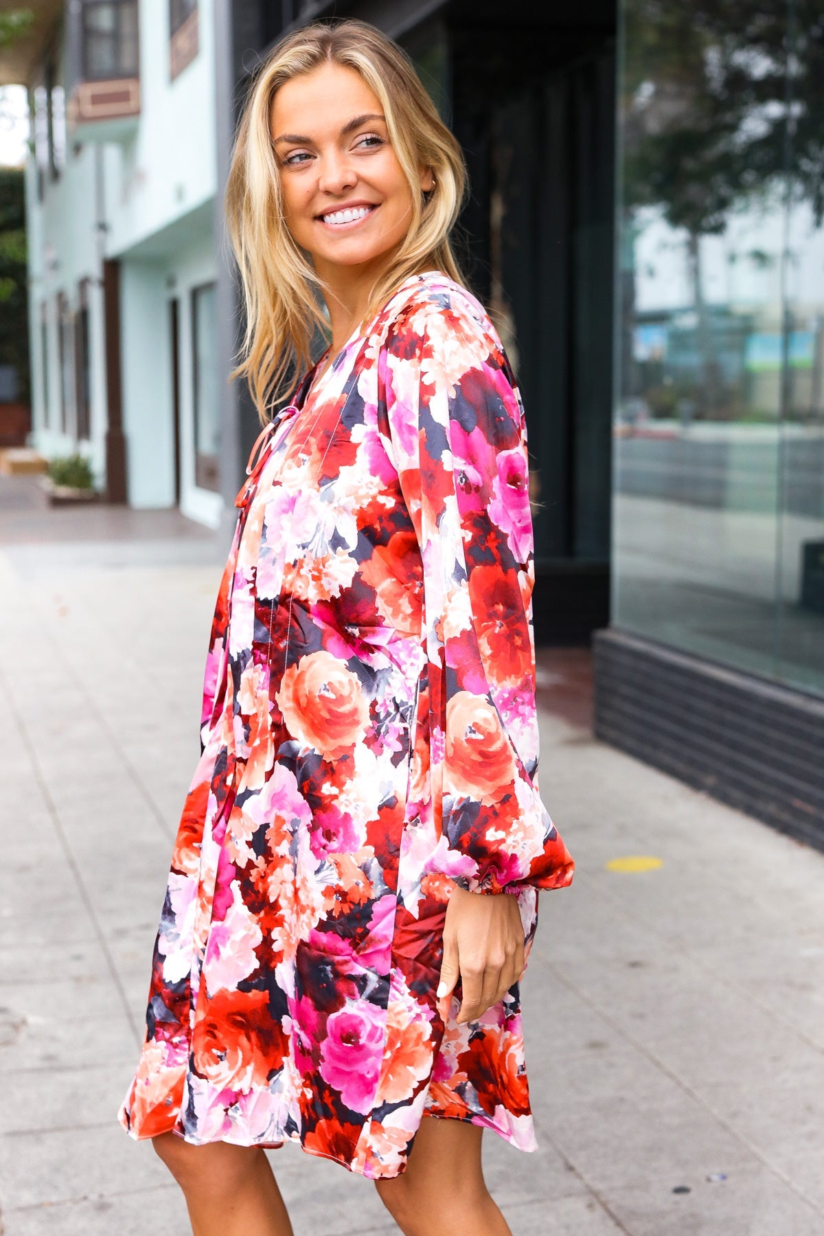 Coral Floral Tie Neck Pintuck Satin Dress