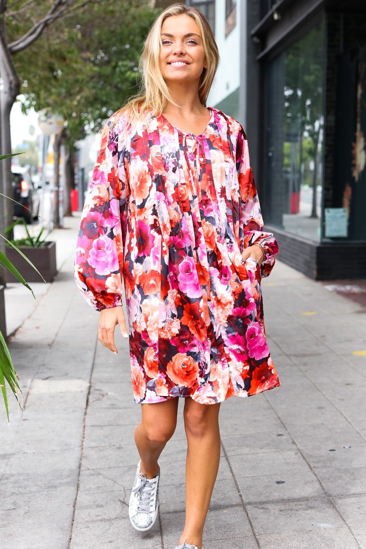 Coral Floral Tie Neck Pintuck Satin Dress