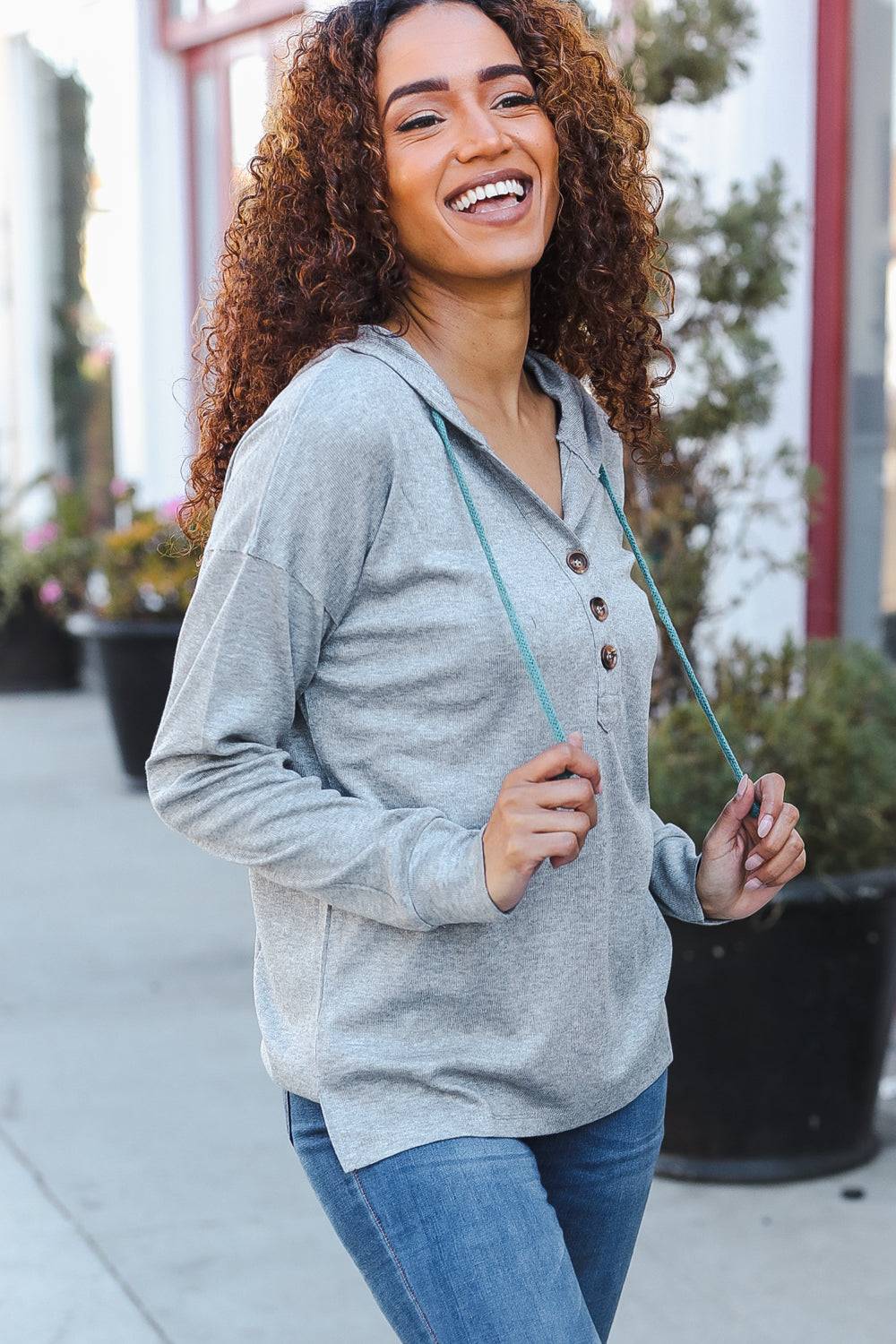 Silver Sparkle Button Henley Hooded Top