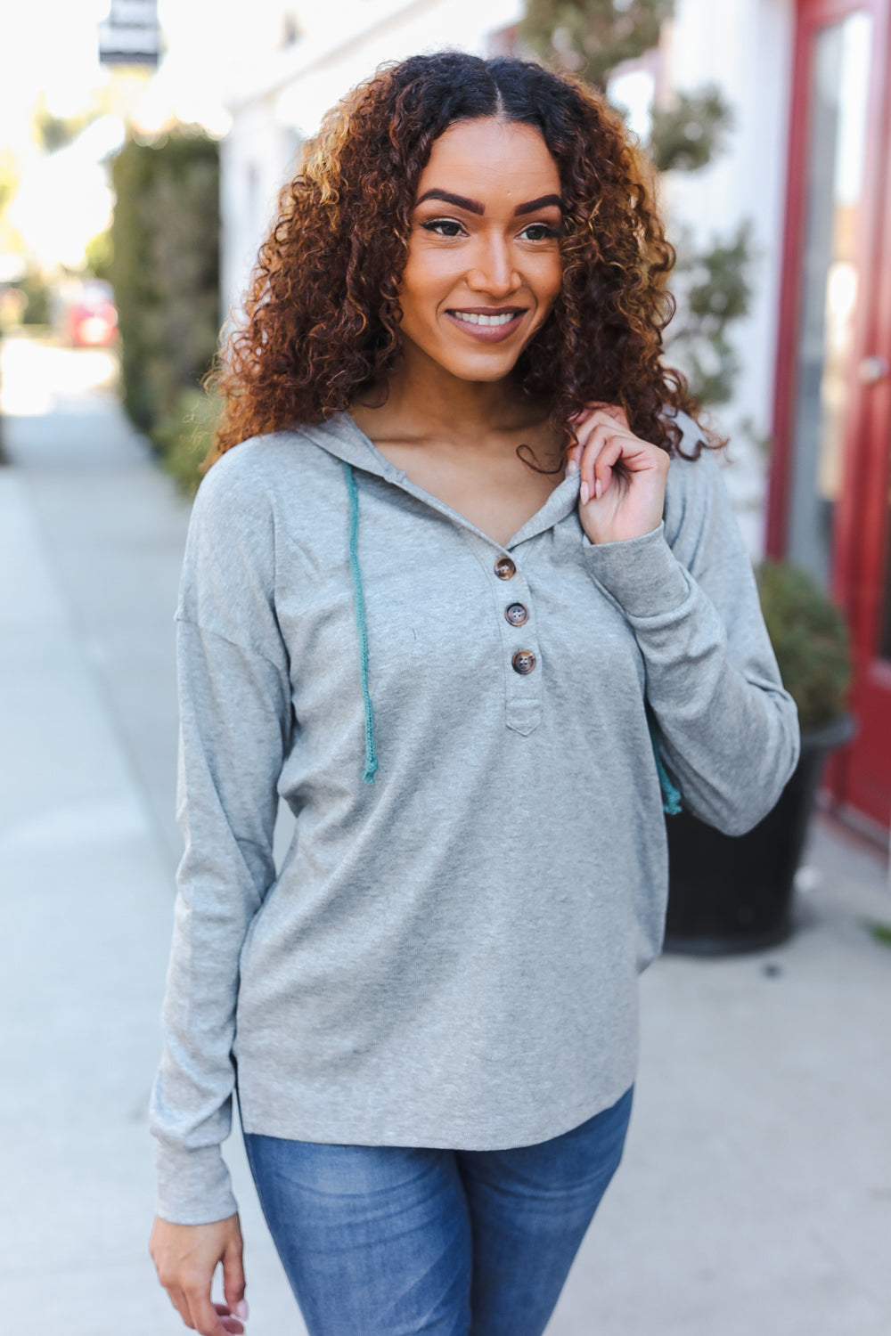 Silver Sparkle Button Henley Hooded Top