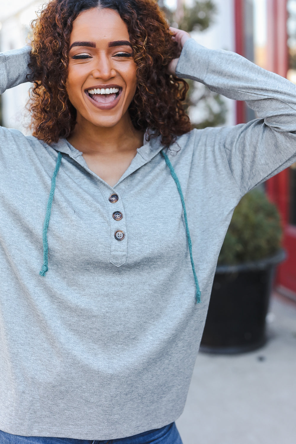 Silver Sparkle Button Henley Hooded Top