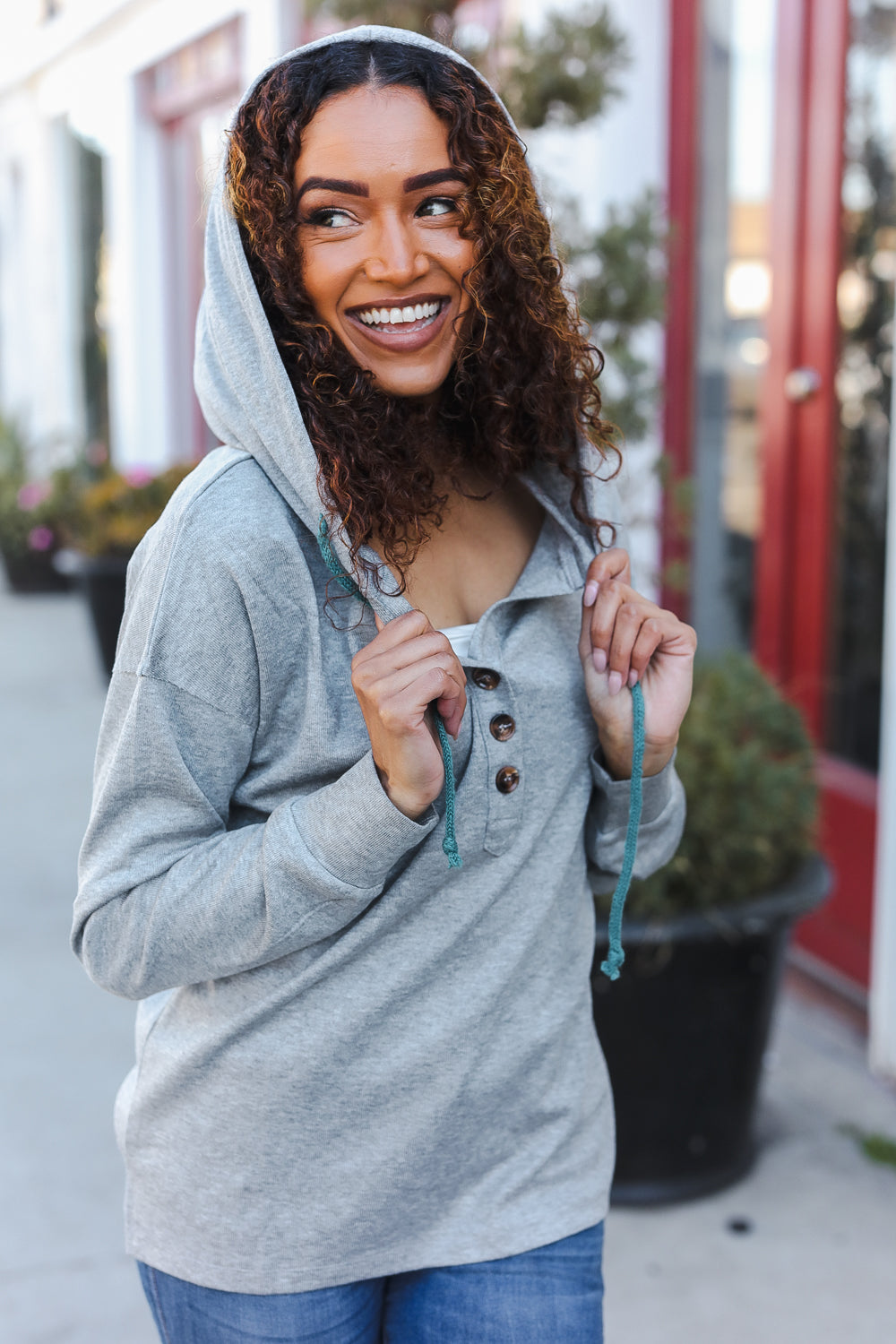 Silver Sparkle Button Henley Hooded Top