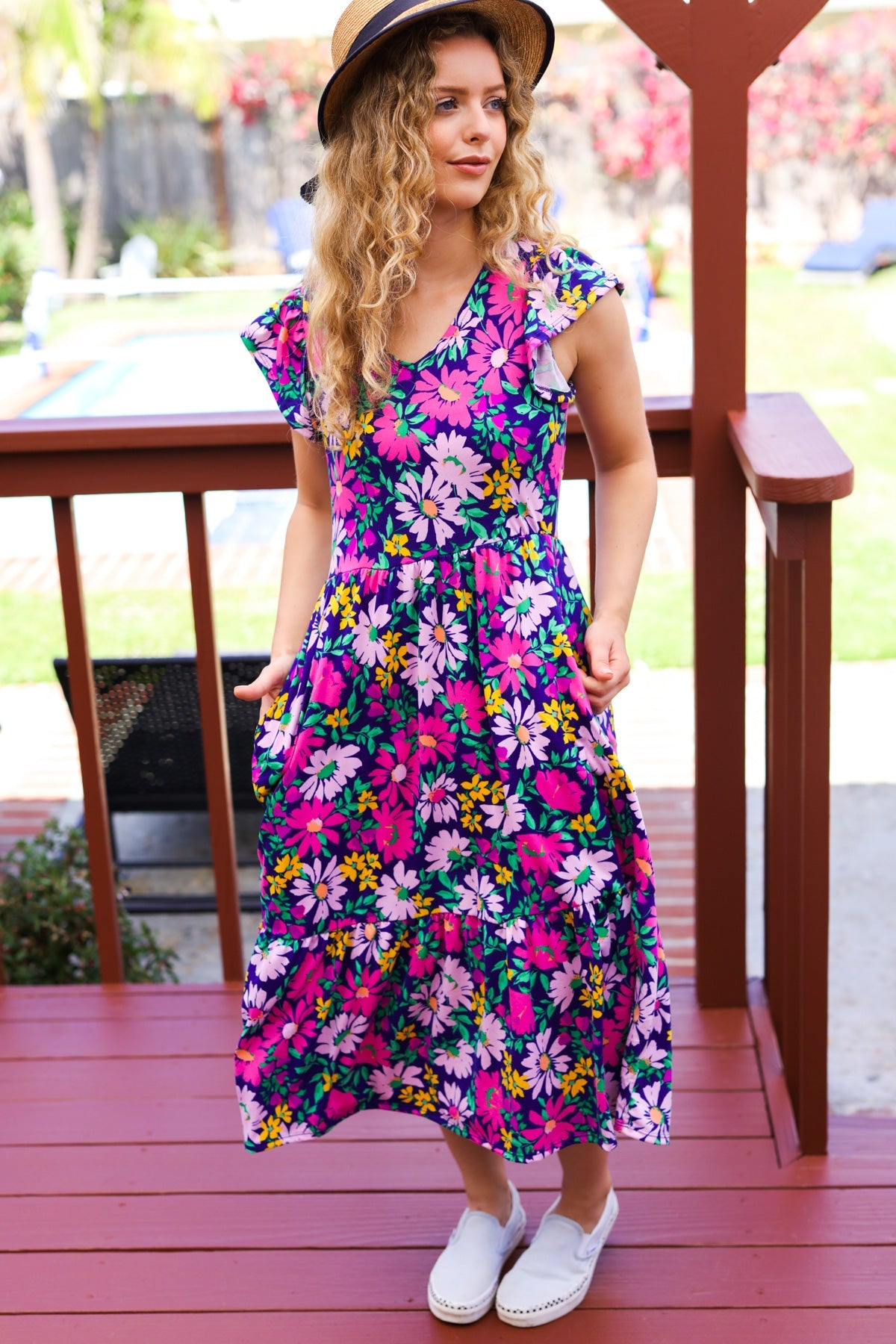 Navy & Lilac Floral Fit & Flare Midi Dress