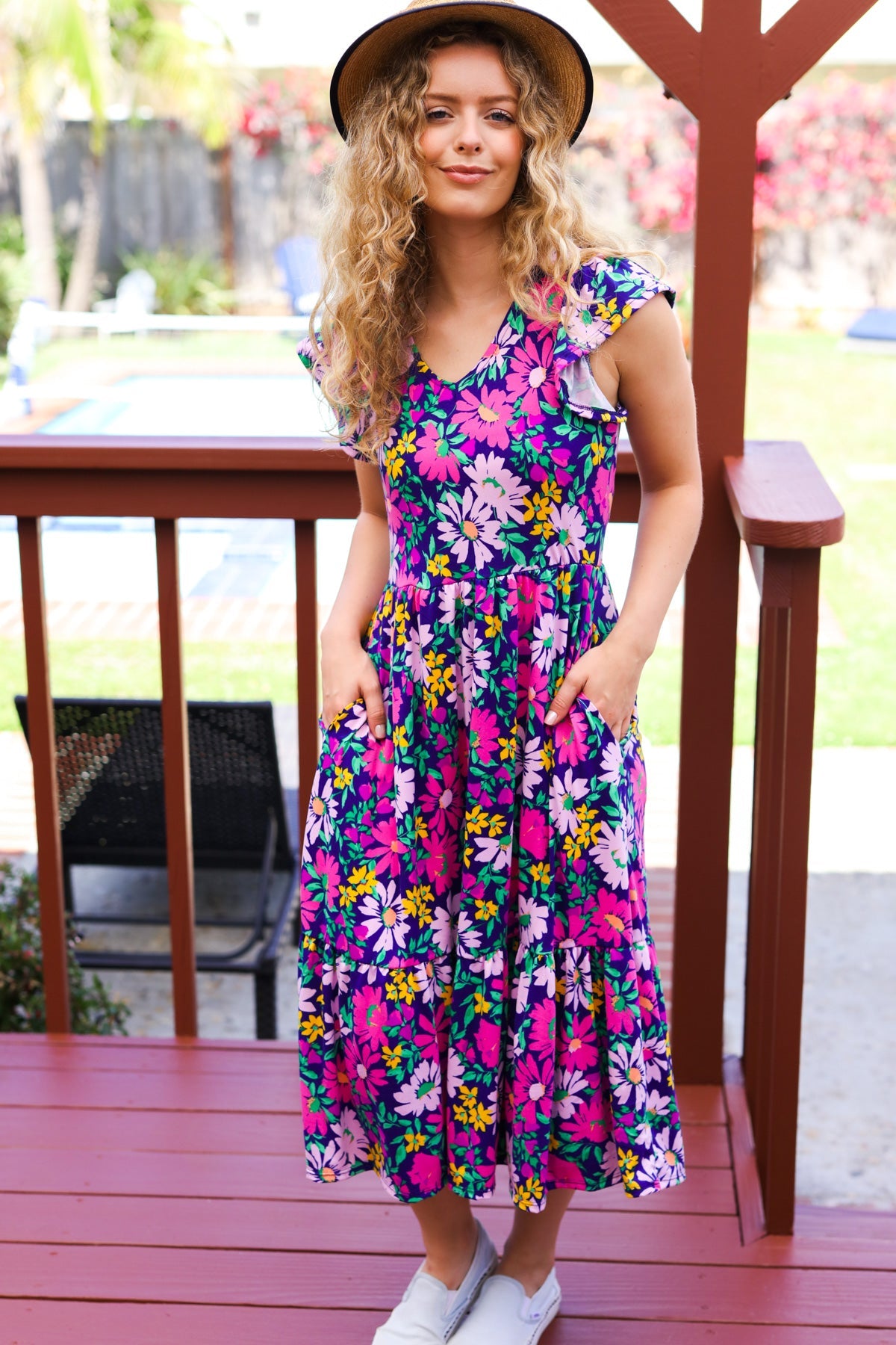 Navy & Lilac Floral Fit & Flare Midi Dress