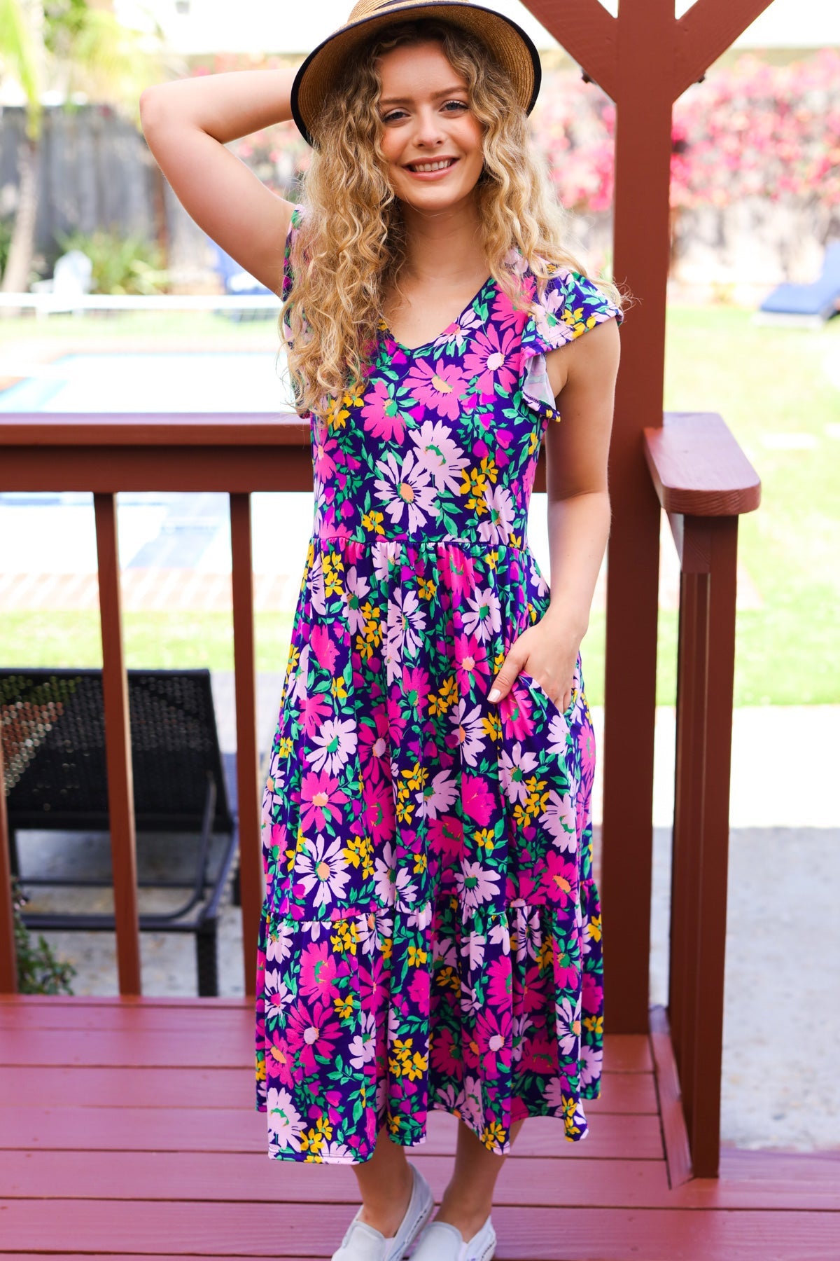 Navy & Lilac Floral Fit & Flare Midi Dress