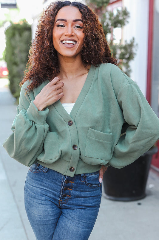 Sage Button Down Cropped Cardigan