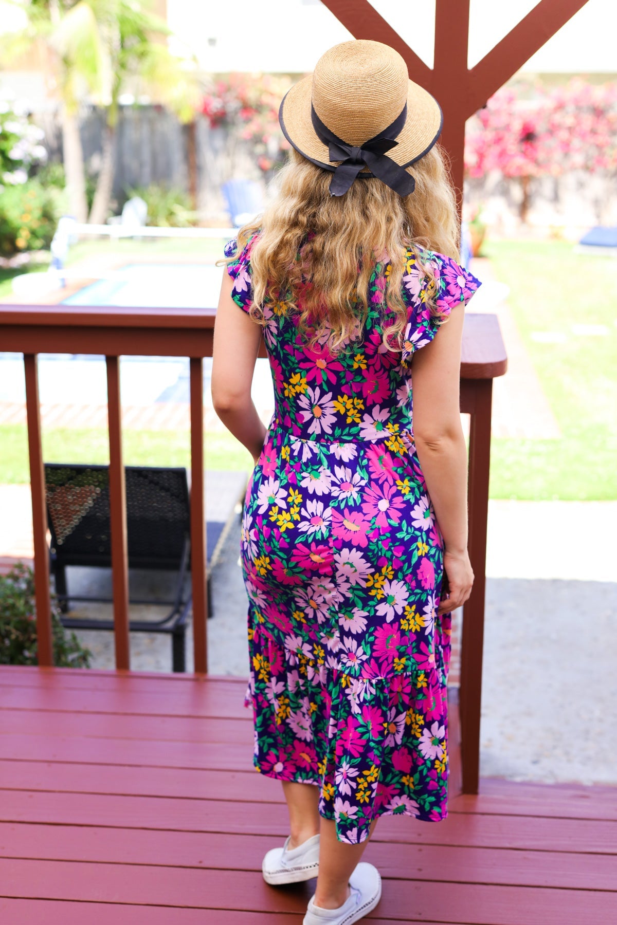 Navy & Lilac Floral Fit & Flare Midi Dress