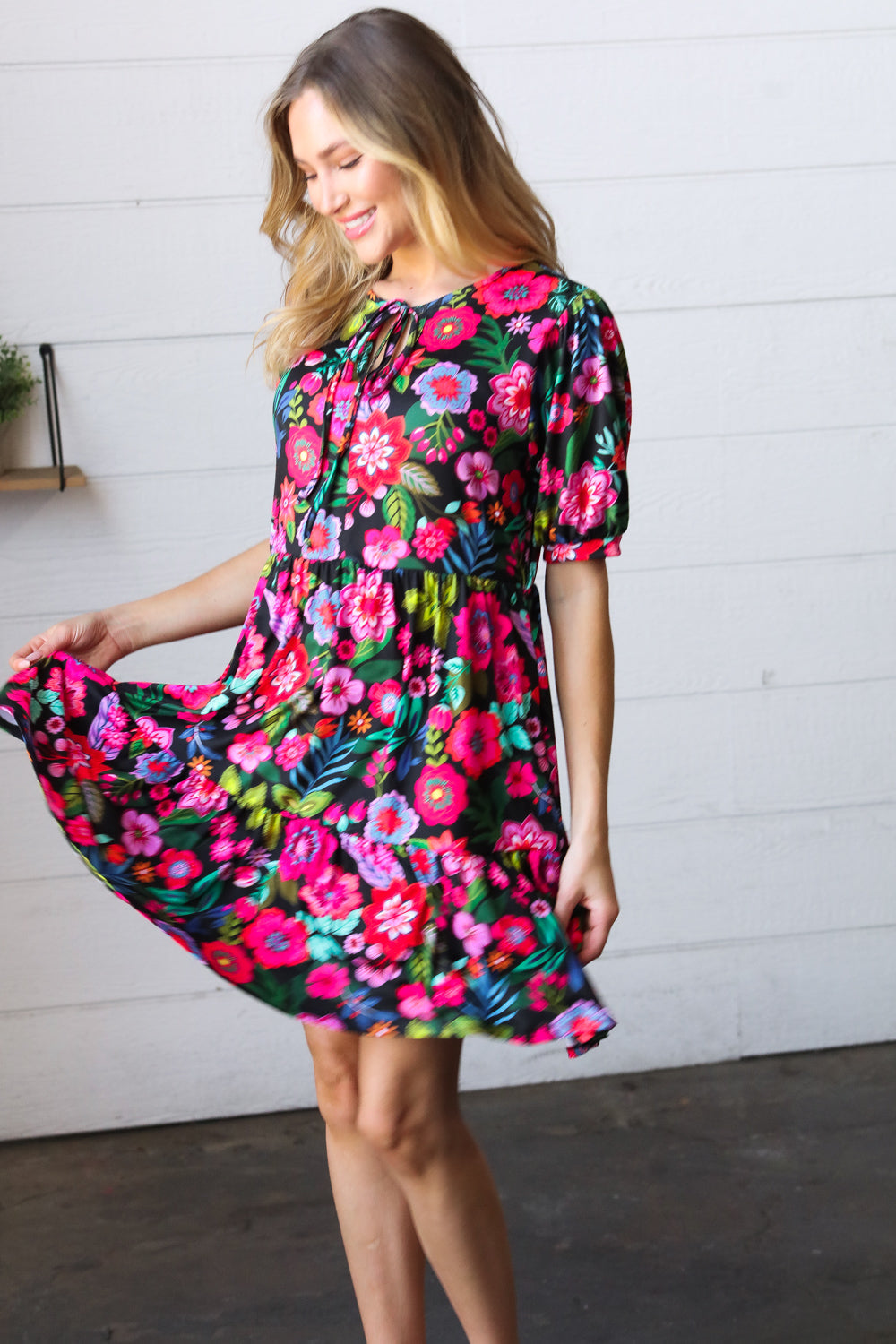 Black Floral Puff Sleeve Tie Front Tiered Dress