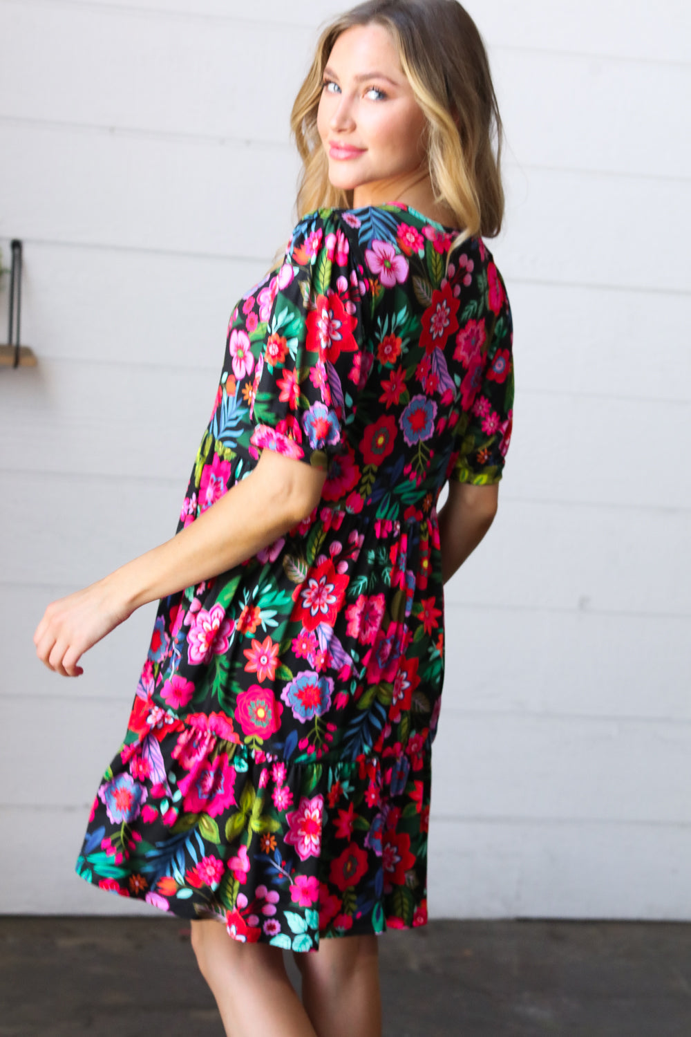 Black Floral Puff Sleeve Tie Front Tiered Dress