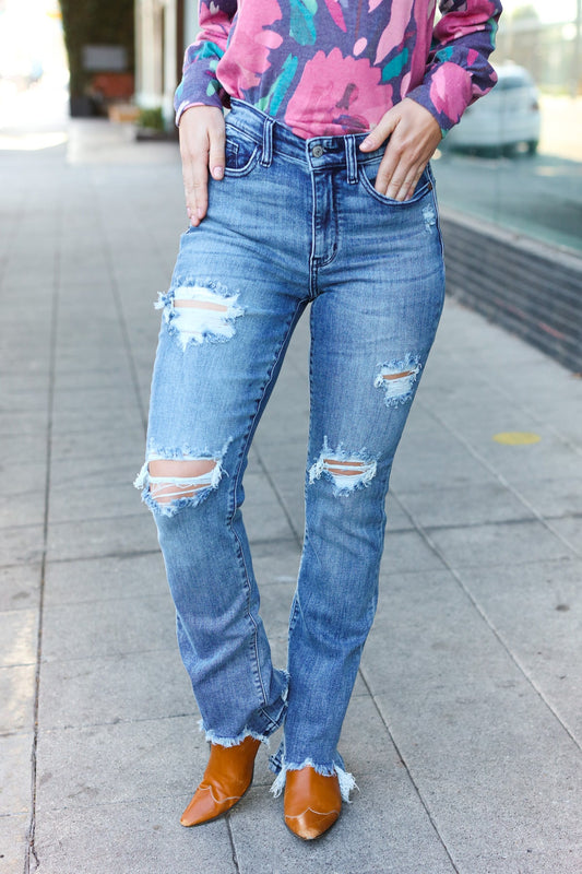 Medium Wash Mid Rise Distressed Straight Leg Jeans